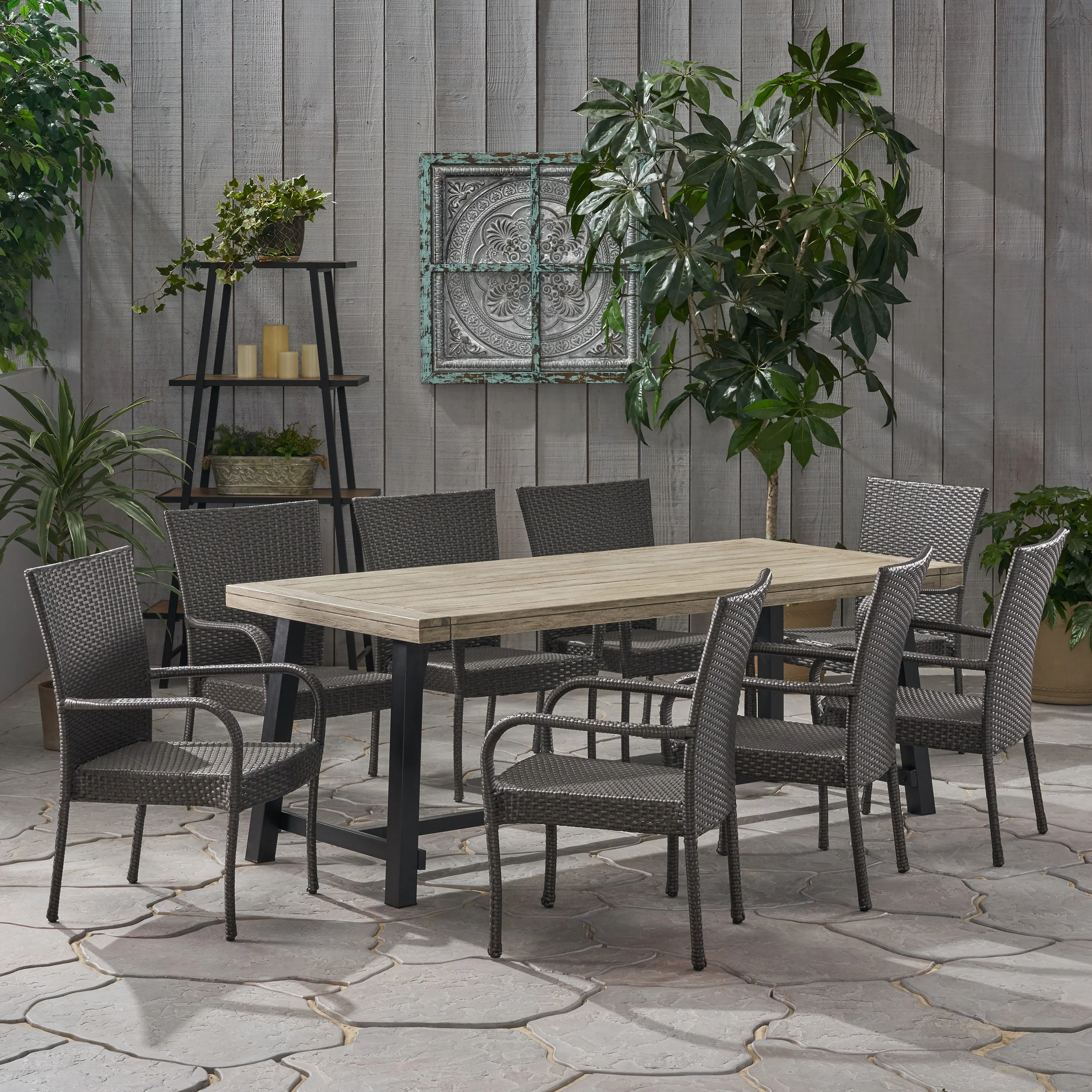 Keegan Outdoor Wood and Wicker 8 Seater Dining Set - furnishings