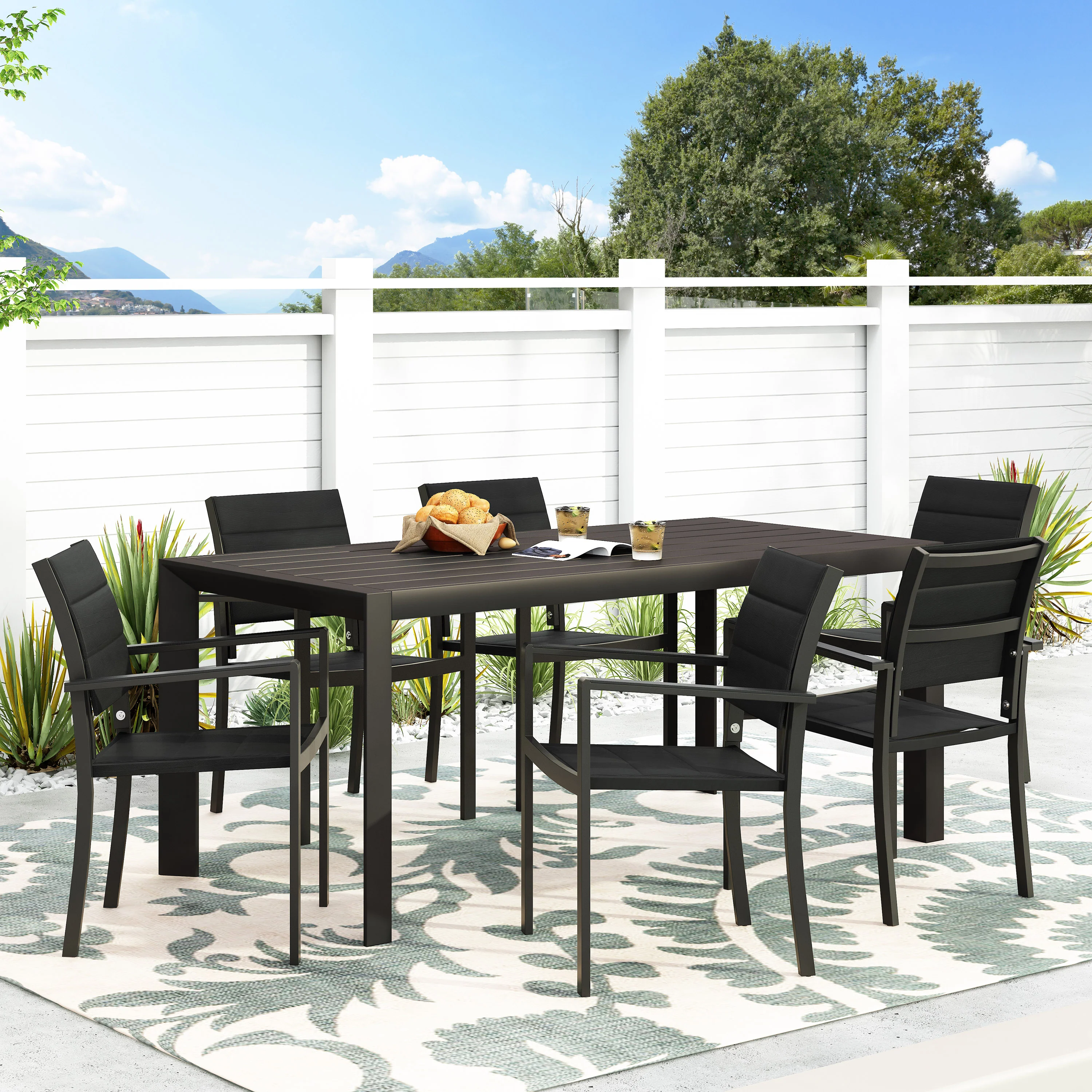 Bellomy Outdoor Mesh and Aluminum 7 Piece Dining Set, Black - furnishings
