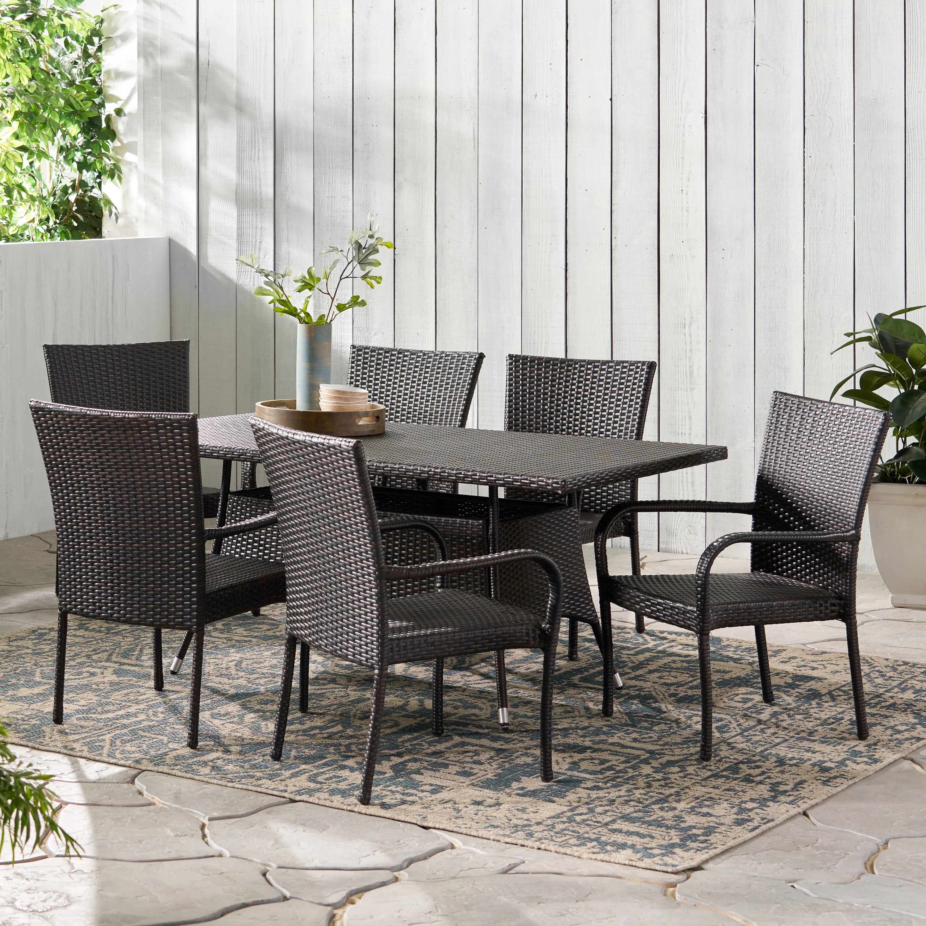 Kory Outdoor 7-Piece Multi-Brown Wicker Dining Set with Umbrella Hole - furnishings