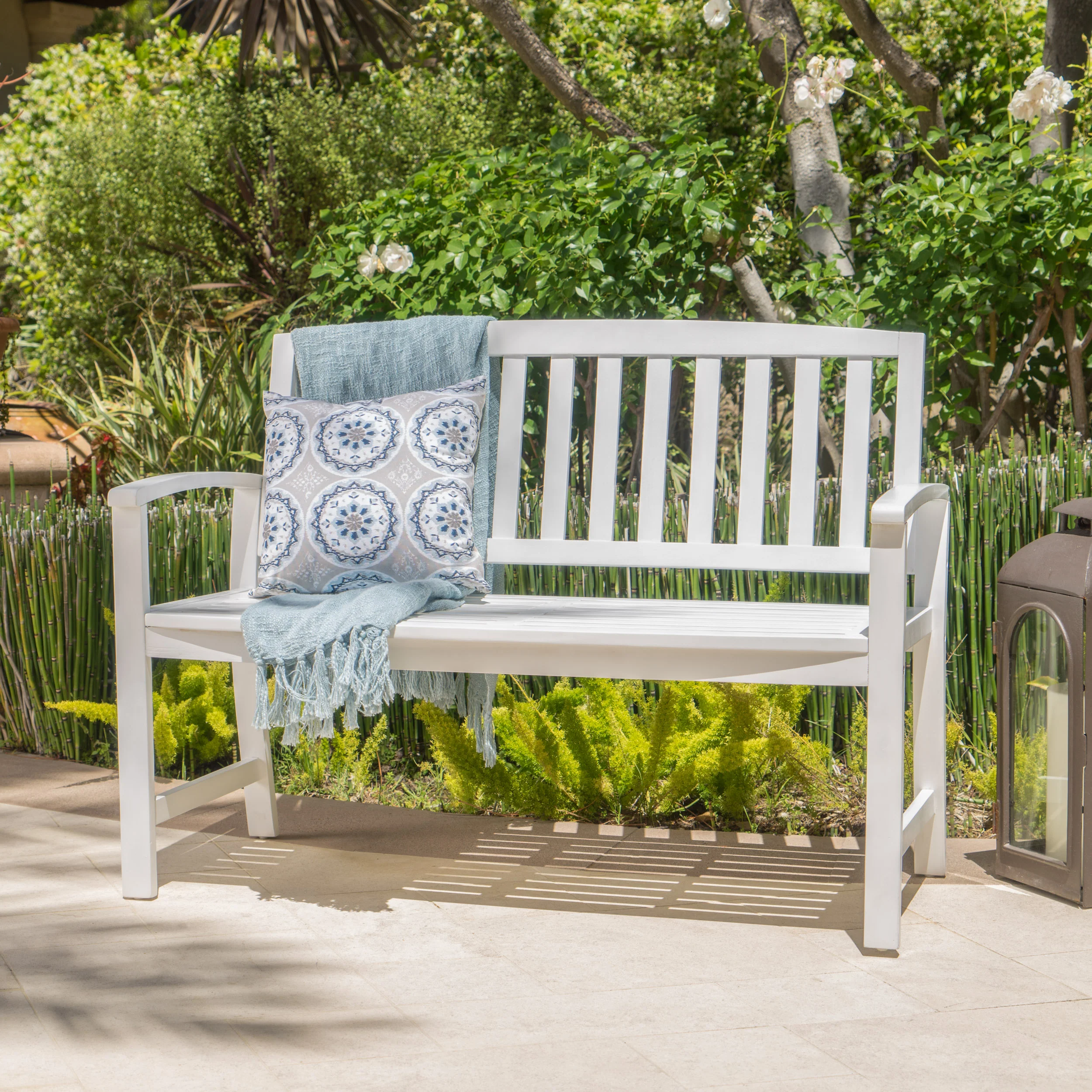 Laguna Outdoor Rustic Acacia Wood Bench with Open Slat Backrest - furnishings