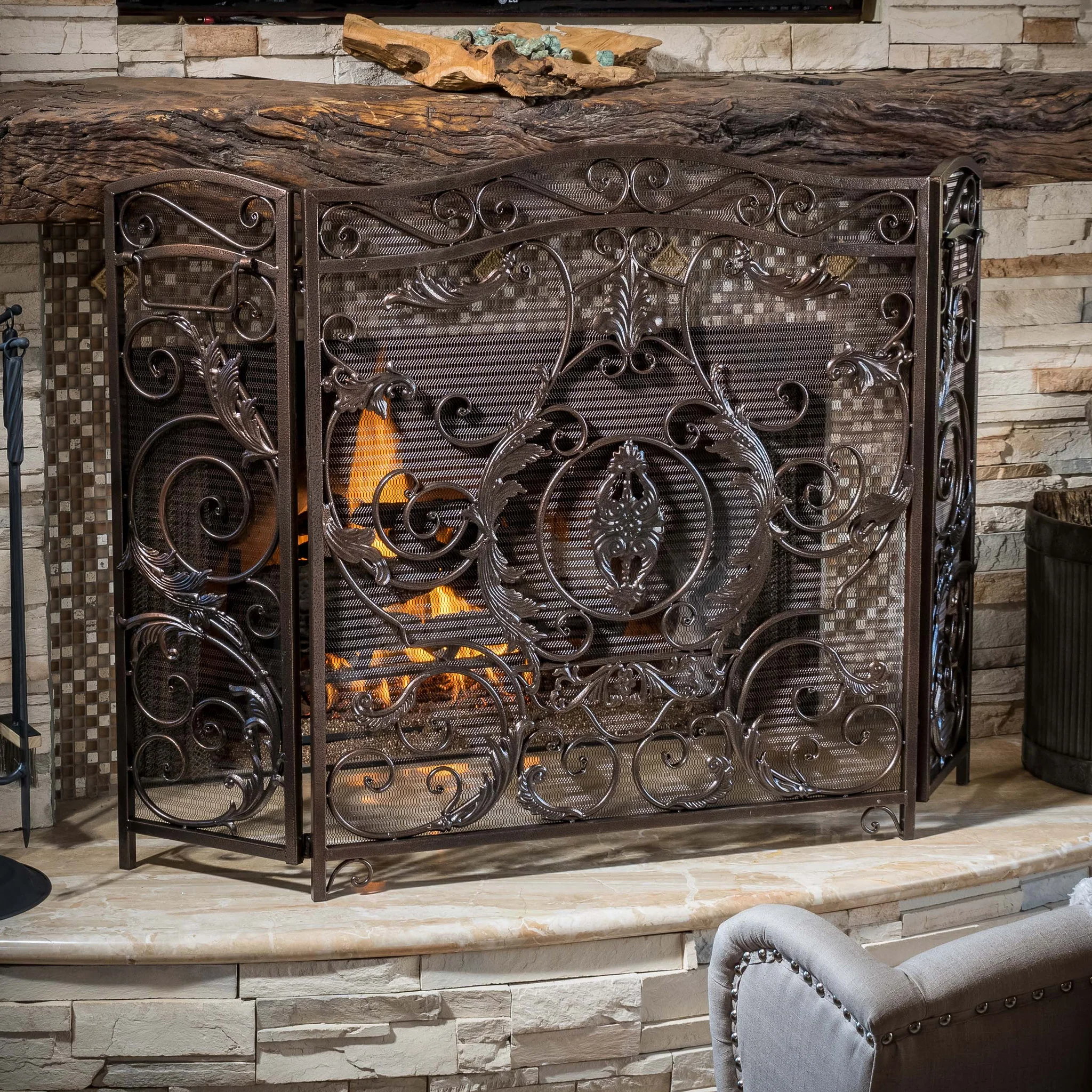 Waterbury Traditional Iron Fireplace Screen, Gold on Black - furnishings