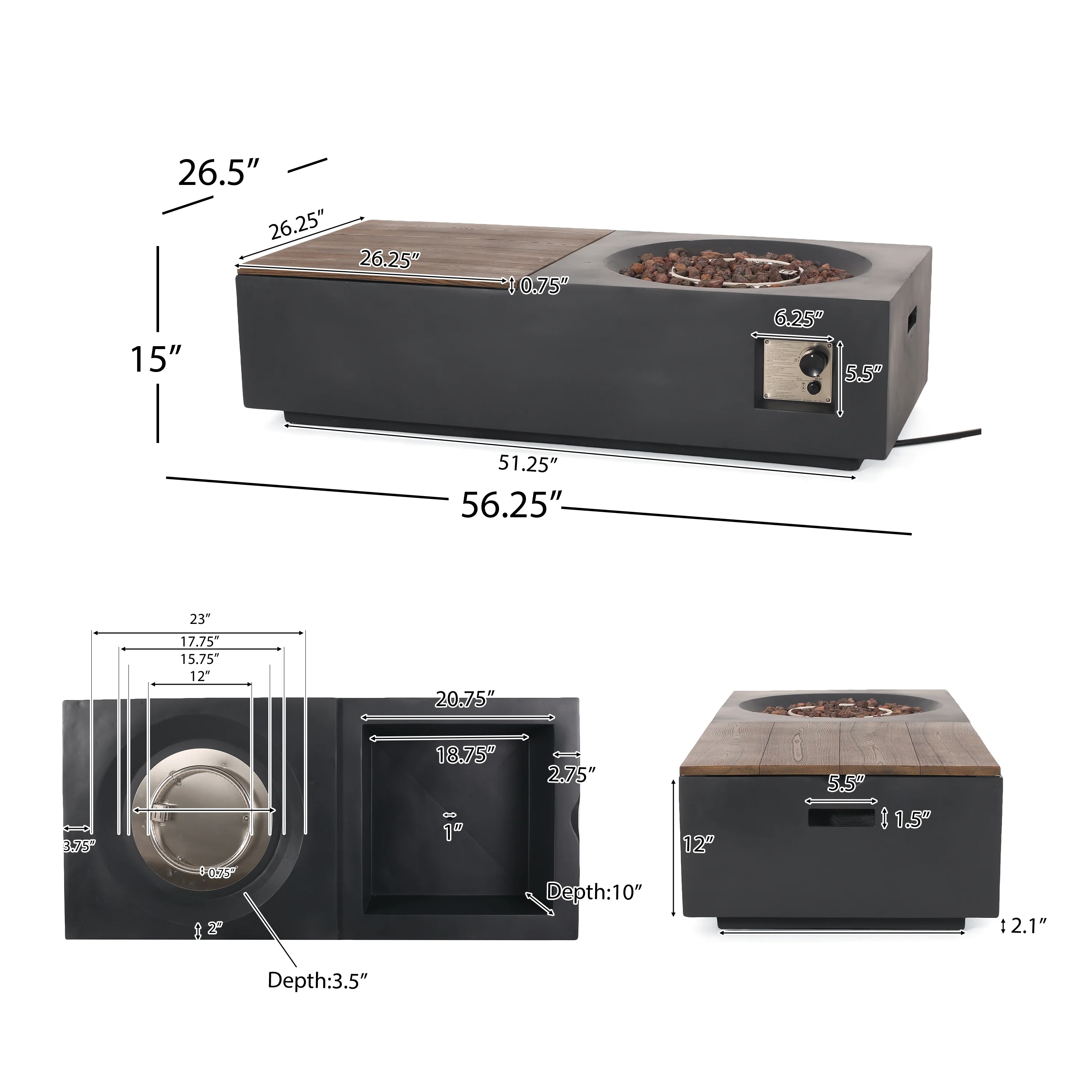Fruite Outdoor 50,000 BTU Lightweight Concrete Rectangular Fire Pit Table (No Tank Holder), Dark Gray and Natural Brown - furnishings