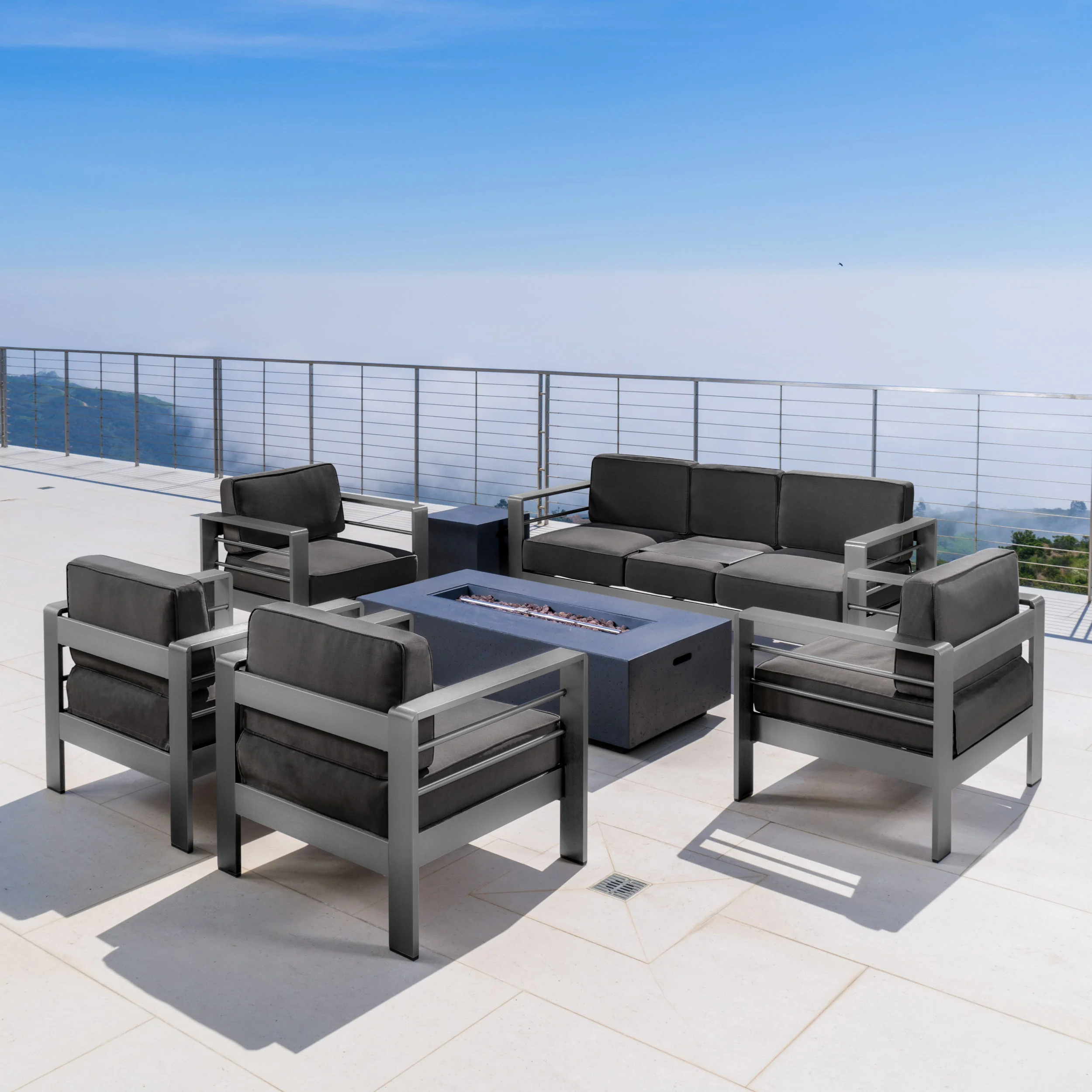 Coral Bay Outdoor Gray Aluminum 7 Piece Sofa Chat Set with Fire Table - furnishings