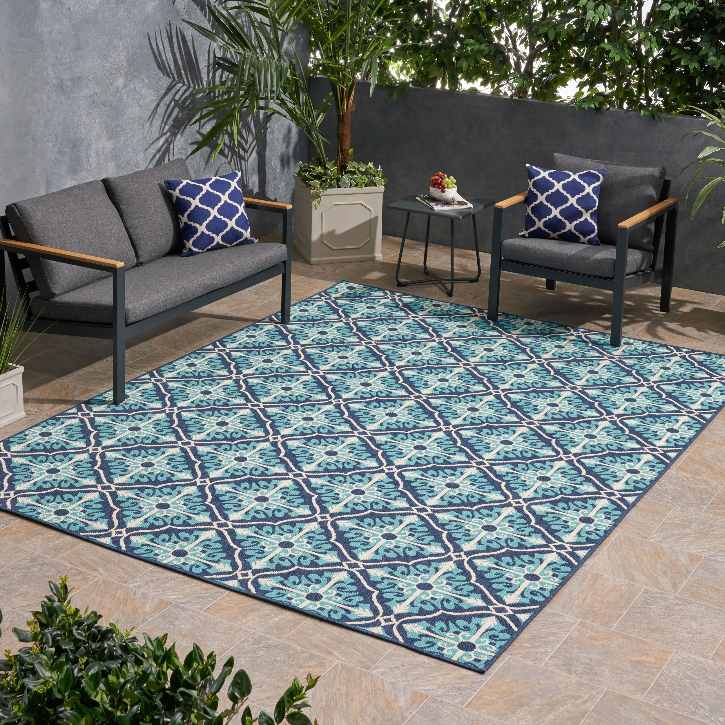 Jamia Outdoor Trellis Area Rug, Navy and Blue - furnishings