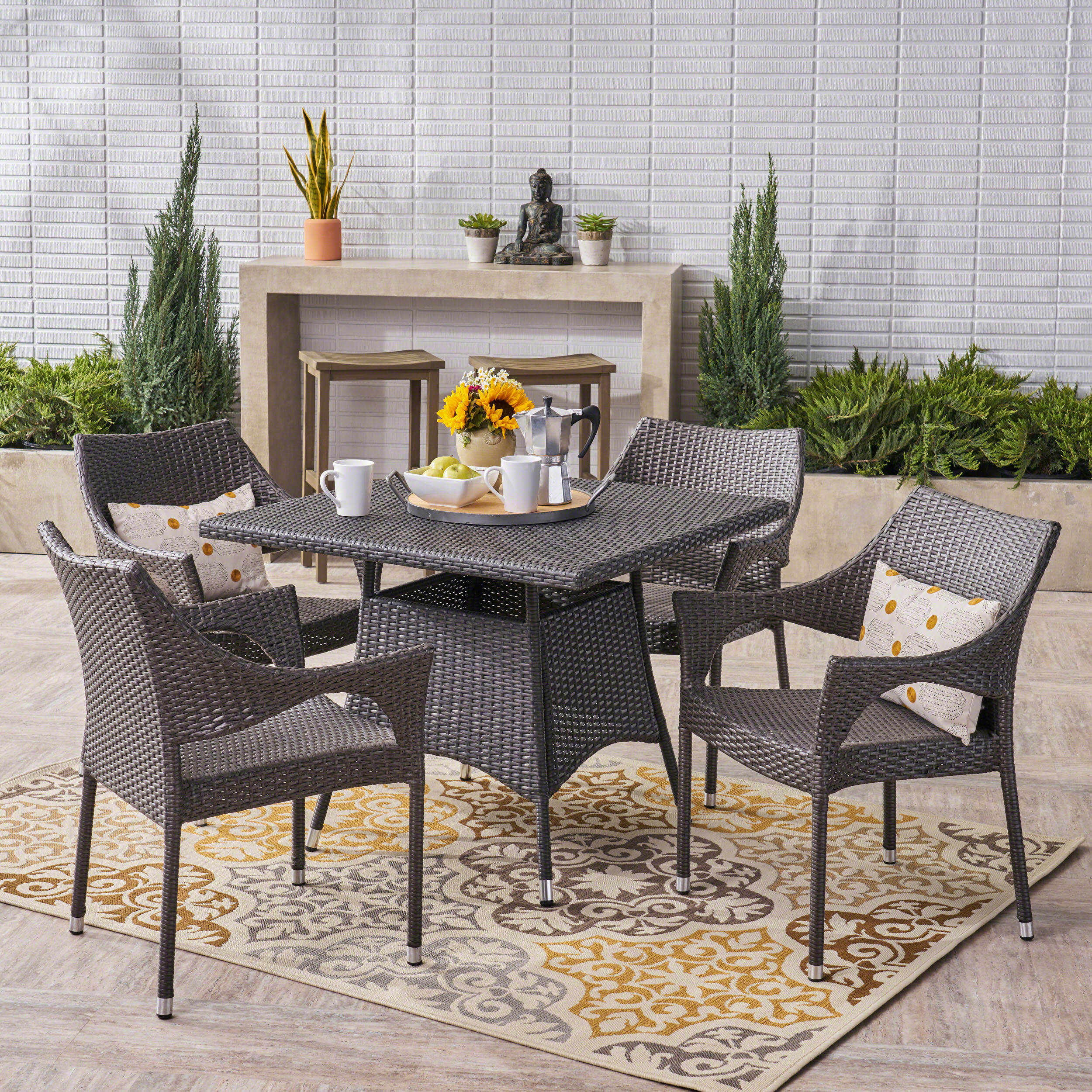 Anne Outdoor 5 Piece Wicker Dining Set, Grey - furnishings