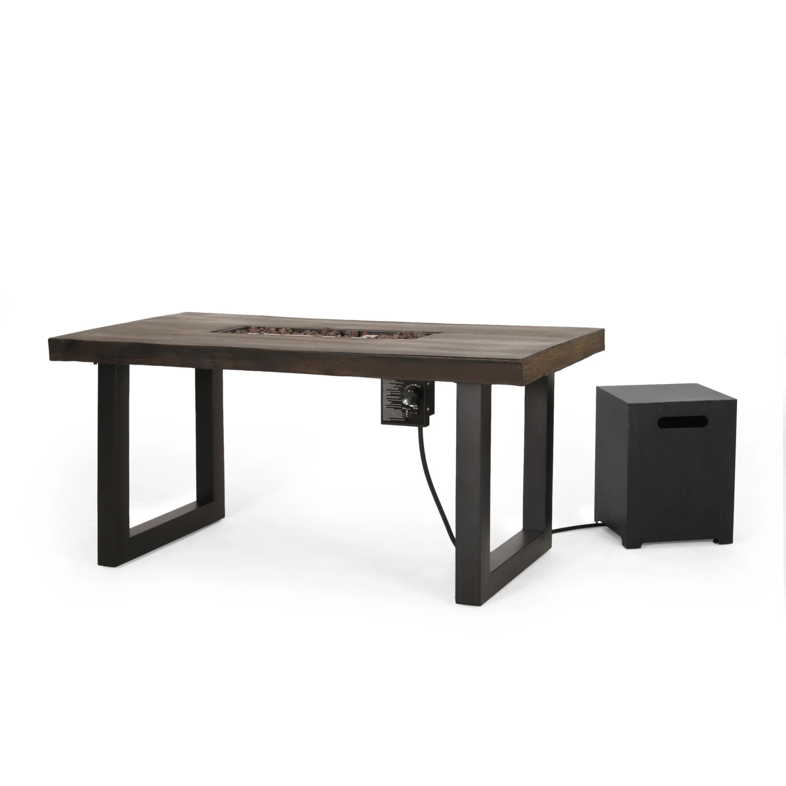 Collinston Outdoor 40,000 BTU Fire Pit Dining Table with Tank Holder, Antique Teak, Black, and Dark Gray - furnishings