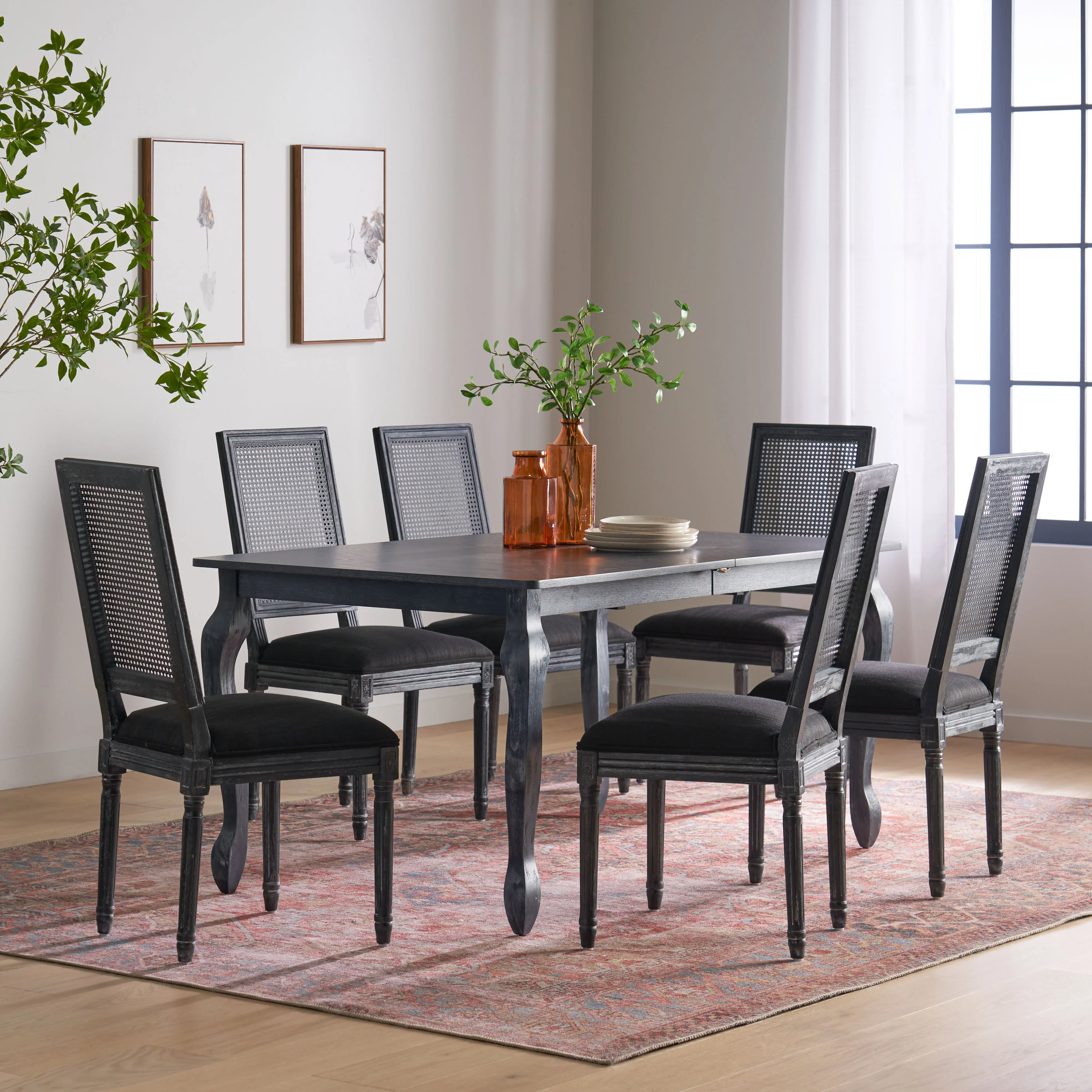 Fernleaf French Country Fabric Upholstered Wood and Cane Expandable 7 Piece Dining Set - furnishings