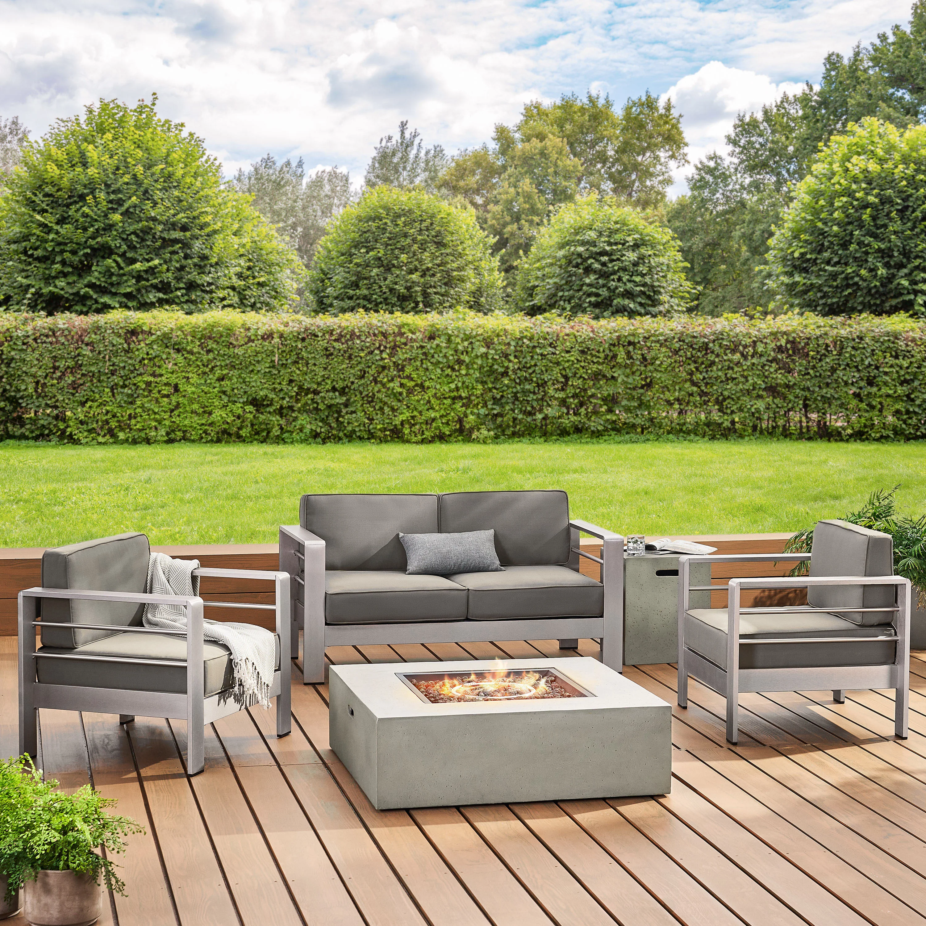 Coral Outdoor Aluminum 4 Seater Chat Set with Fire Pit - furnbro