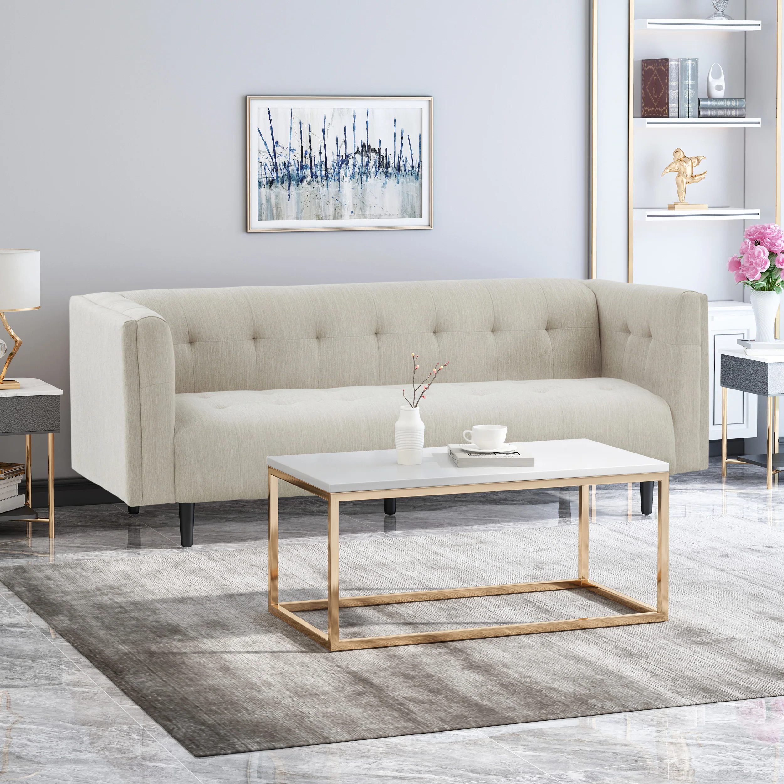 Kennedii Mid-Century Modern Fabric Upholstered Tufted 3 Seater Sofa - furnishings