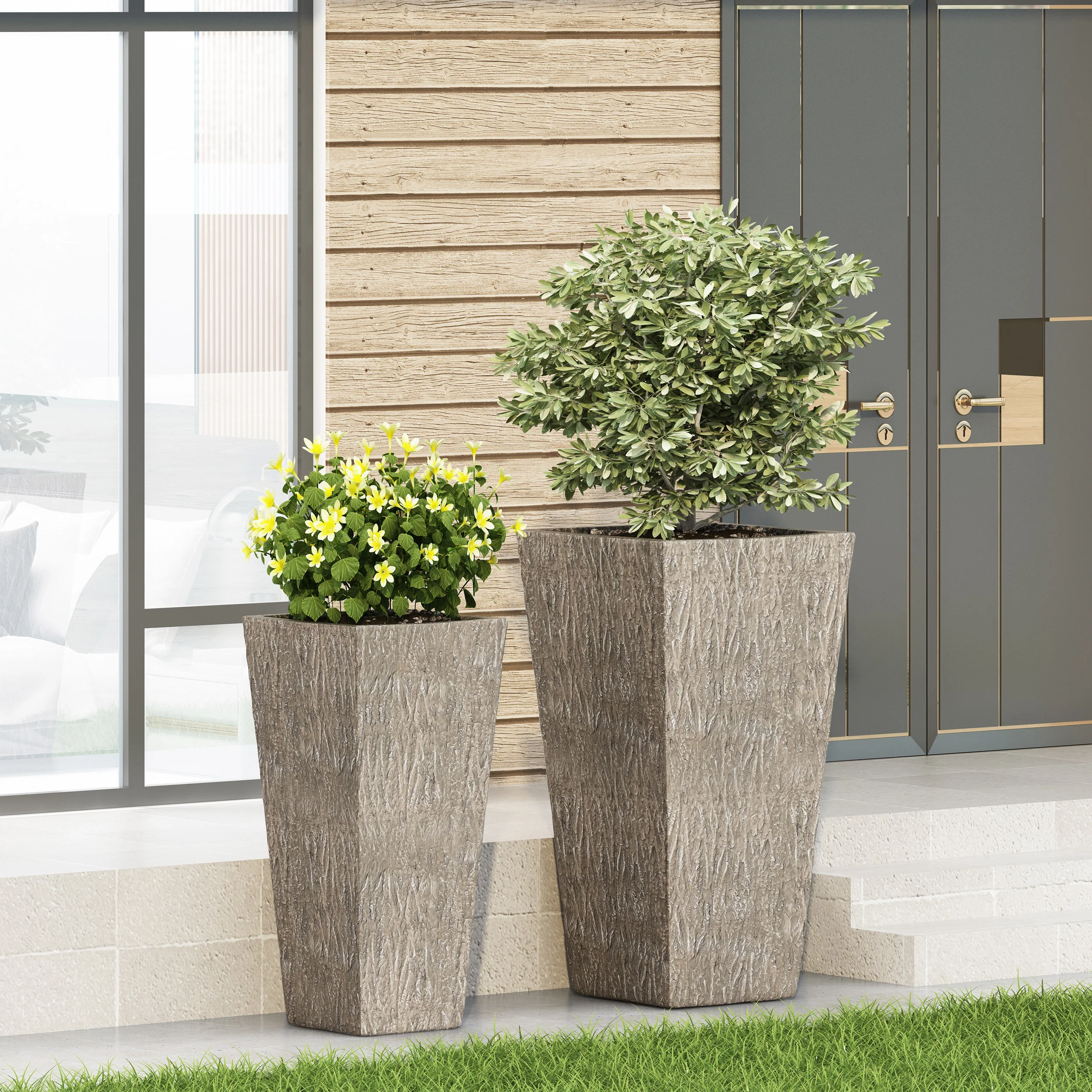 Mistler Outdoor Large and Medium Cast Stone Planters, Set of 2, Brown Wood - furnishings