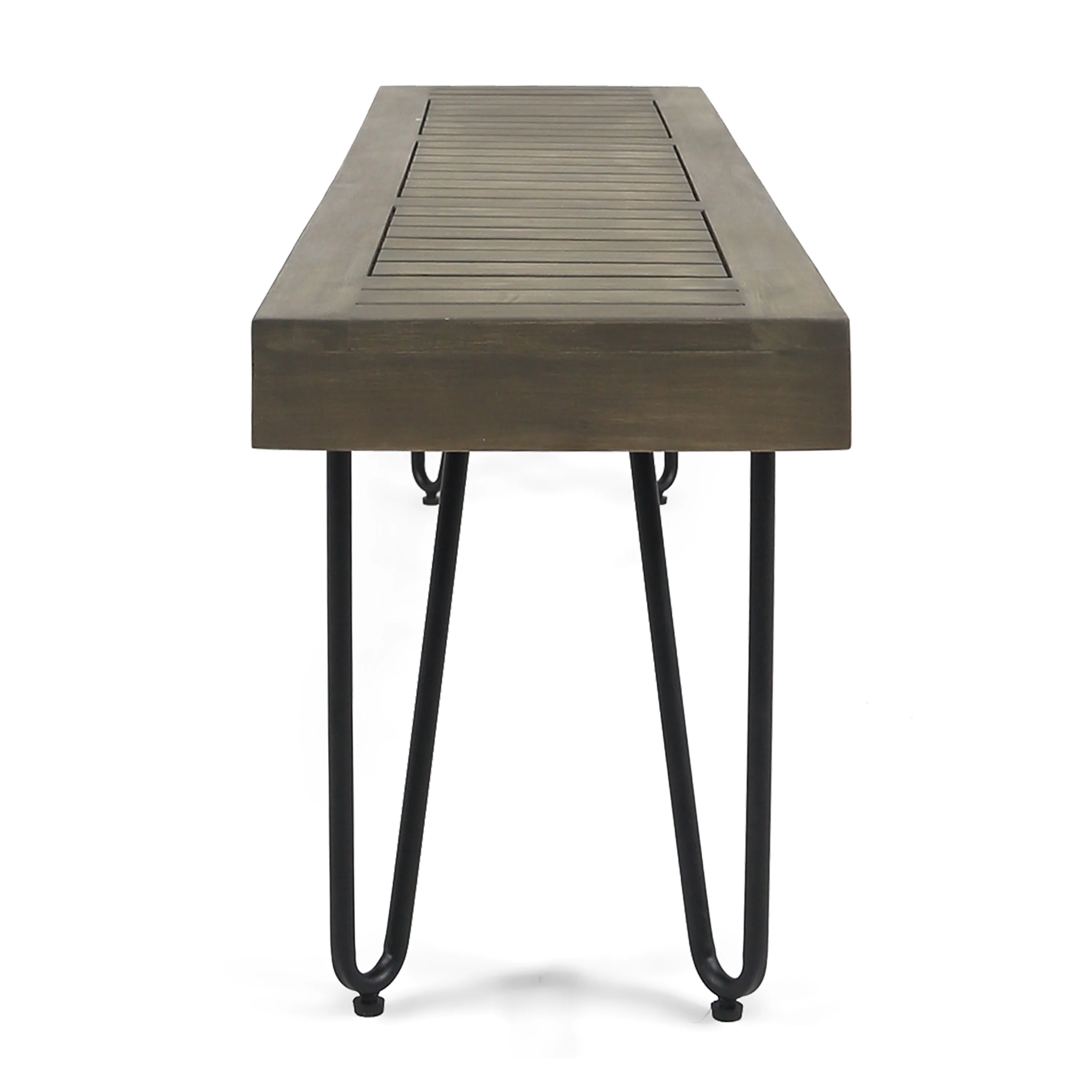 Abbet Outdoor Farmhouse Slat-Top Acacia Wood Bench w/ Metal Hairpin Legs - furnishings