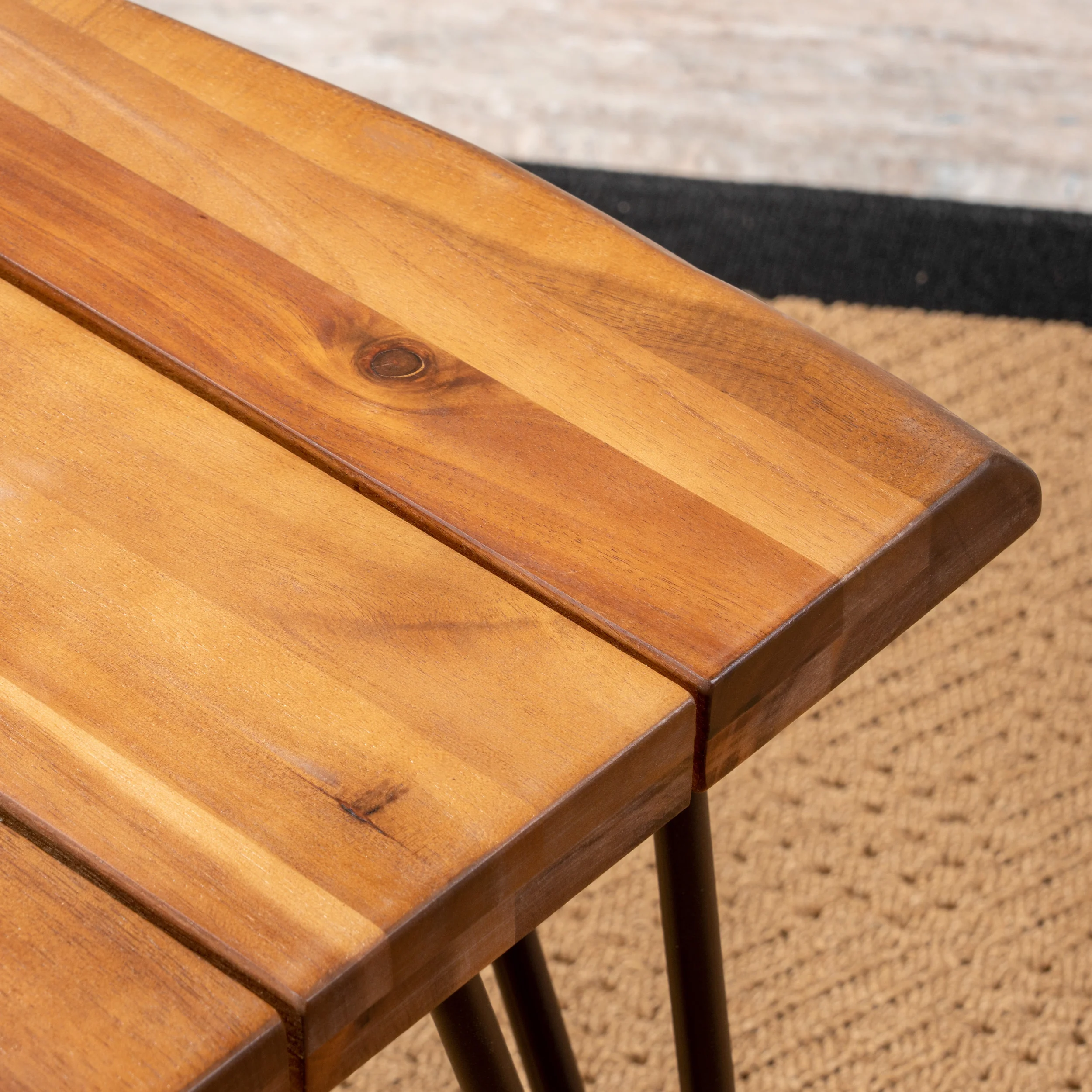 Avy Outdoor Rustic Industrial Acacia Wood Coffee Table and Accent Table Set with Metal Hairpin Legs, Teak - furnishings