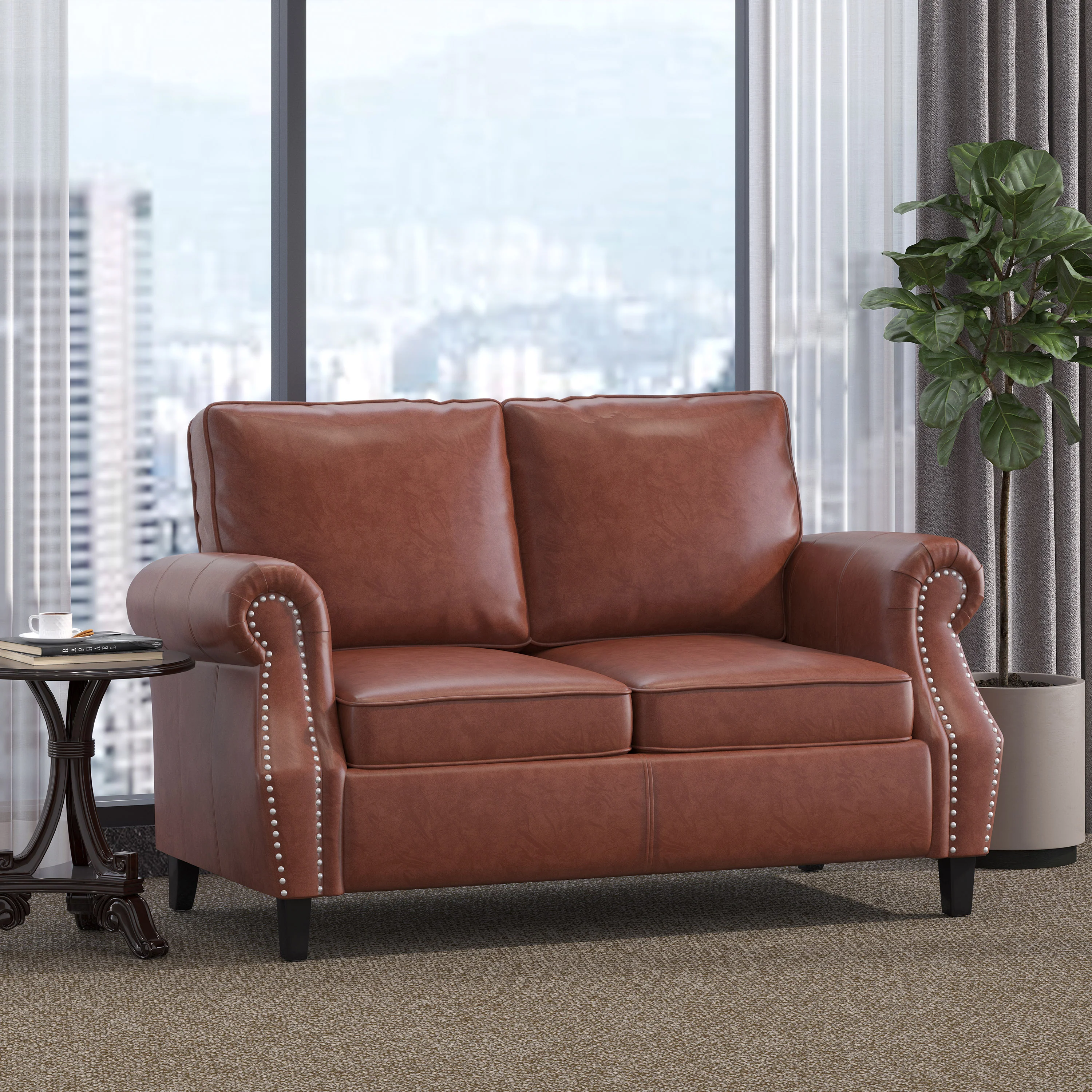 Pochelon Contemporary Faux Leather Loveseat with Nailhead Trim - furnishings