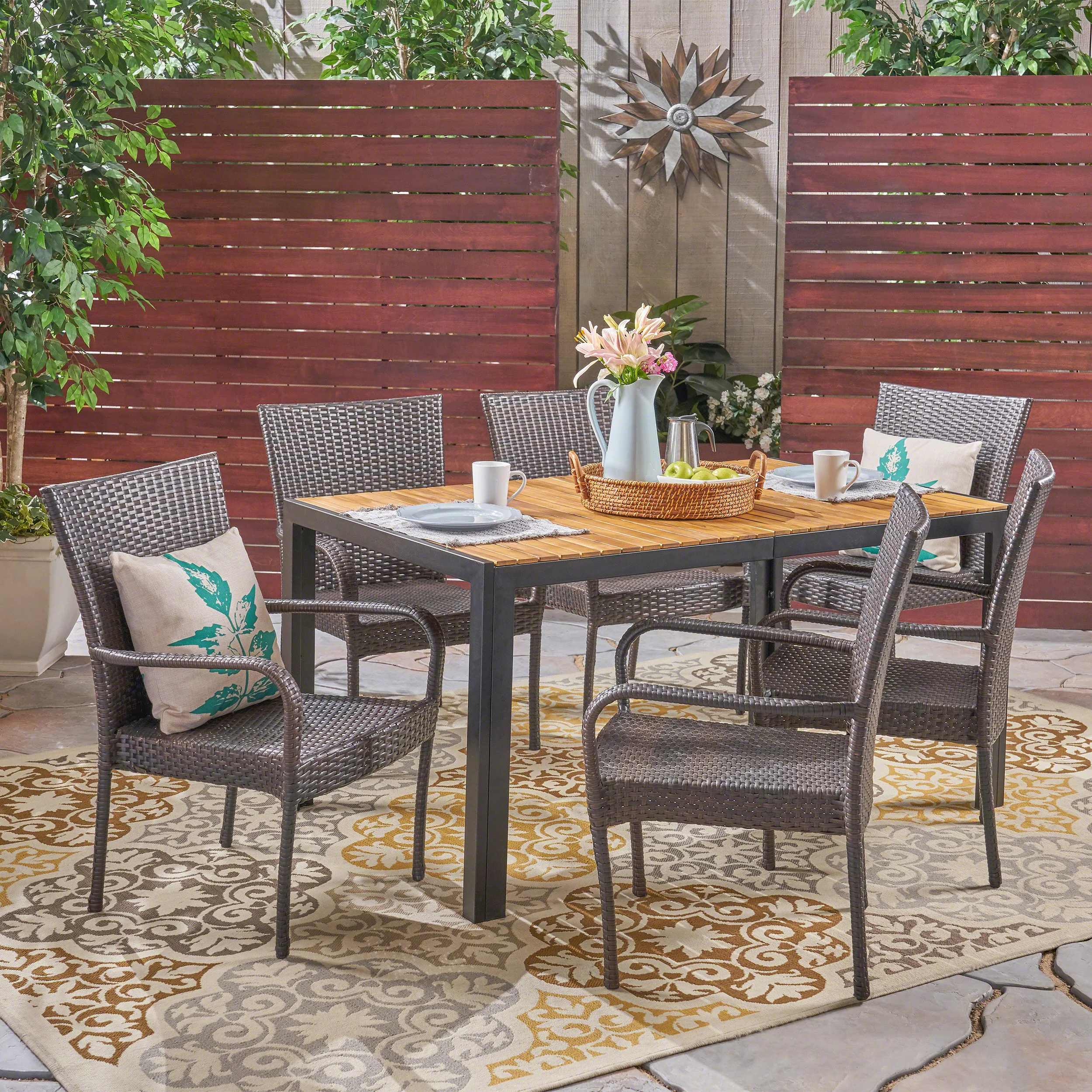 Lorraine Outdoor 6-Seater Rectangular Acacia Wood and Wicker Dining Set, Teak with Black and Multi Brown - furnishings