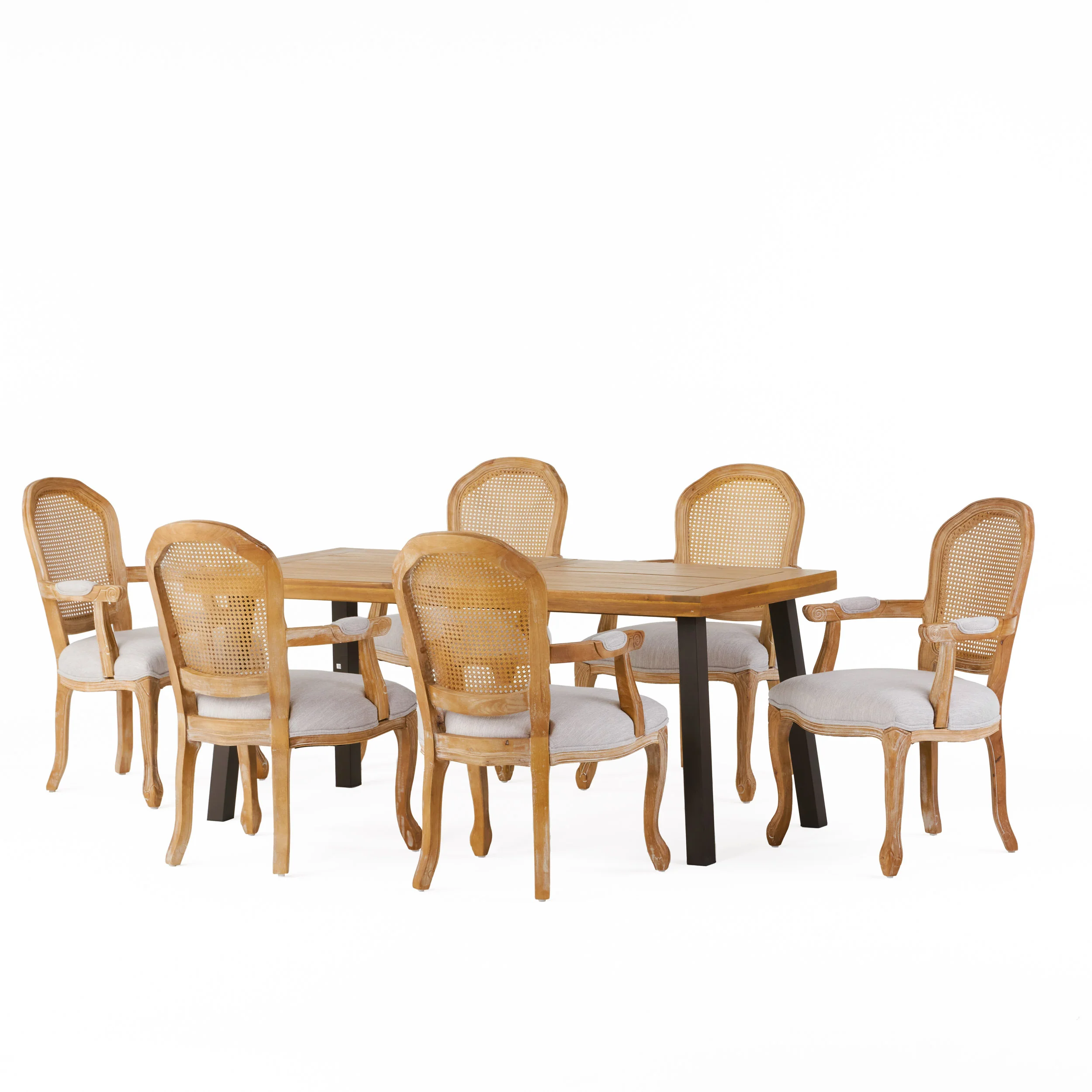 Aldrich Farmhouse Fabric Upholstered Wood and Cane 7 Piece Dining Set - furnishings