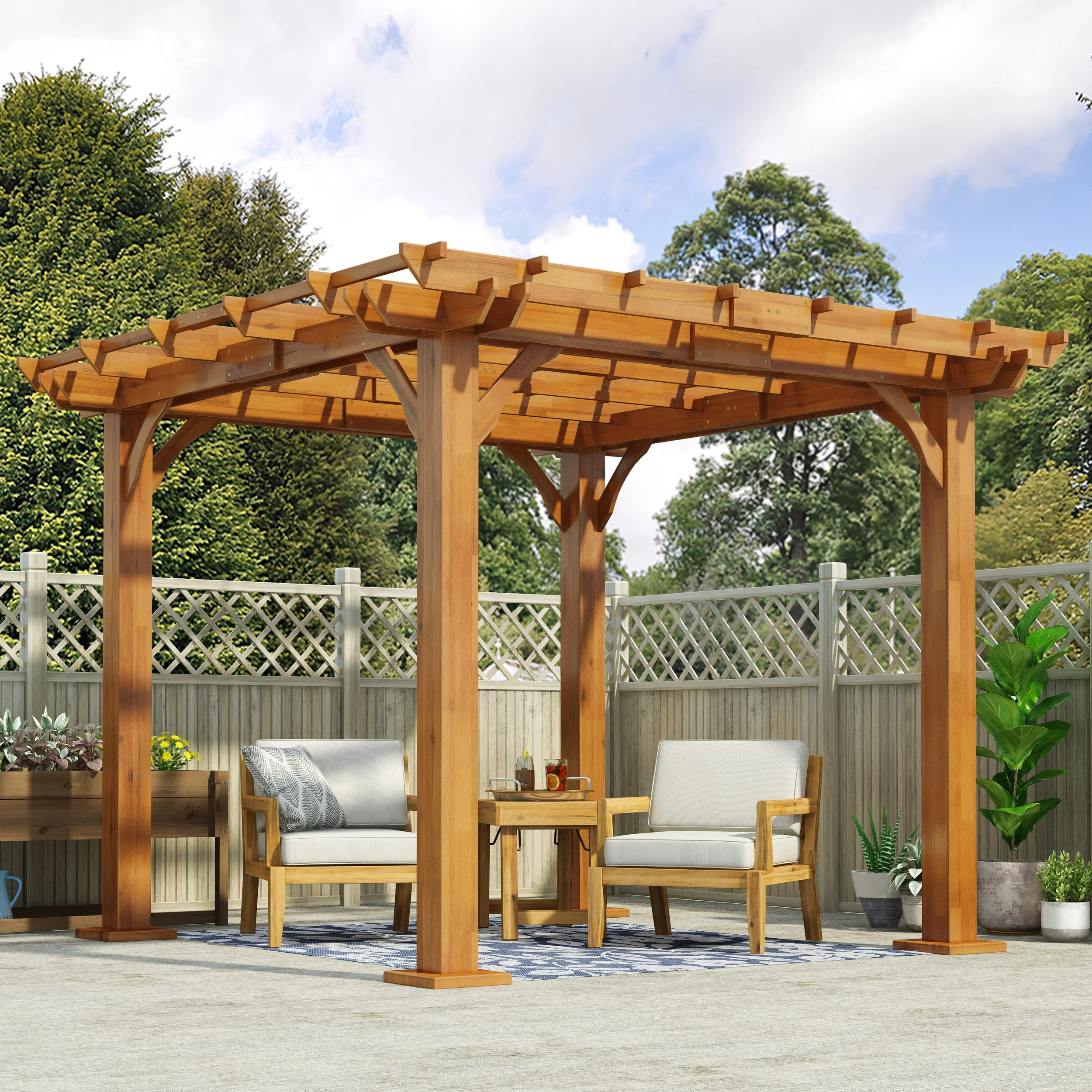 Dorain Outdoor 10' x 10' Acacia Wood Pergola, Teak - furnishings