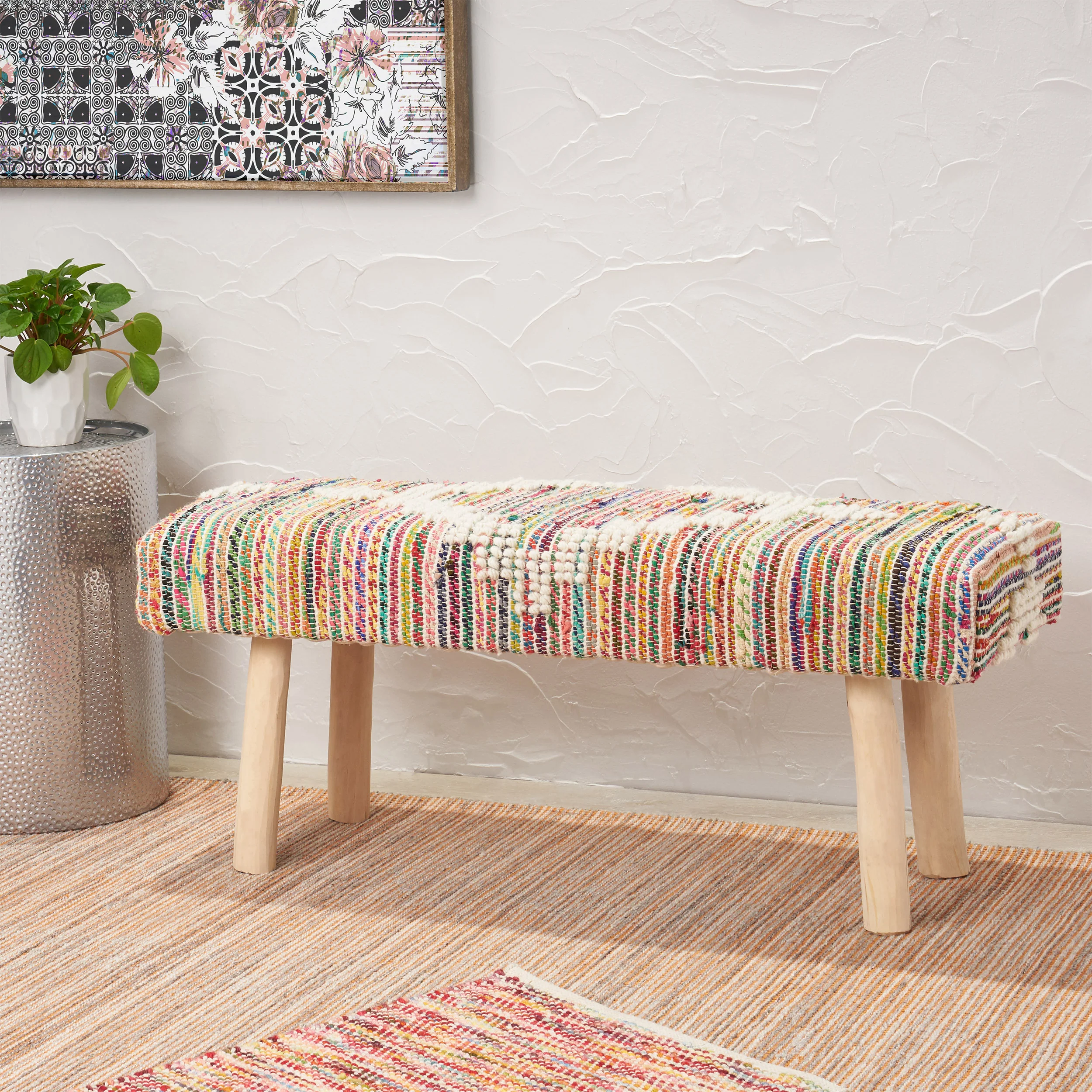 Carrera Handcrafted Boho Rectangular Wool & Fabric Bench - furnishings