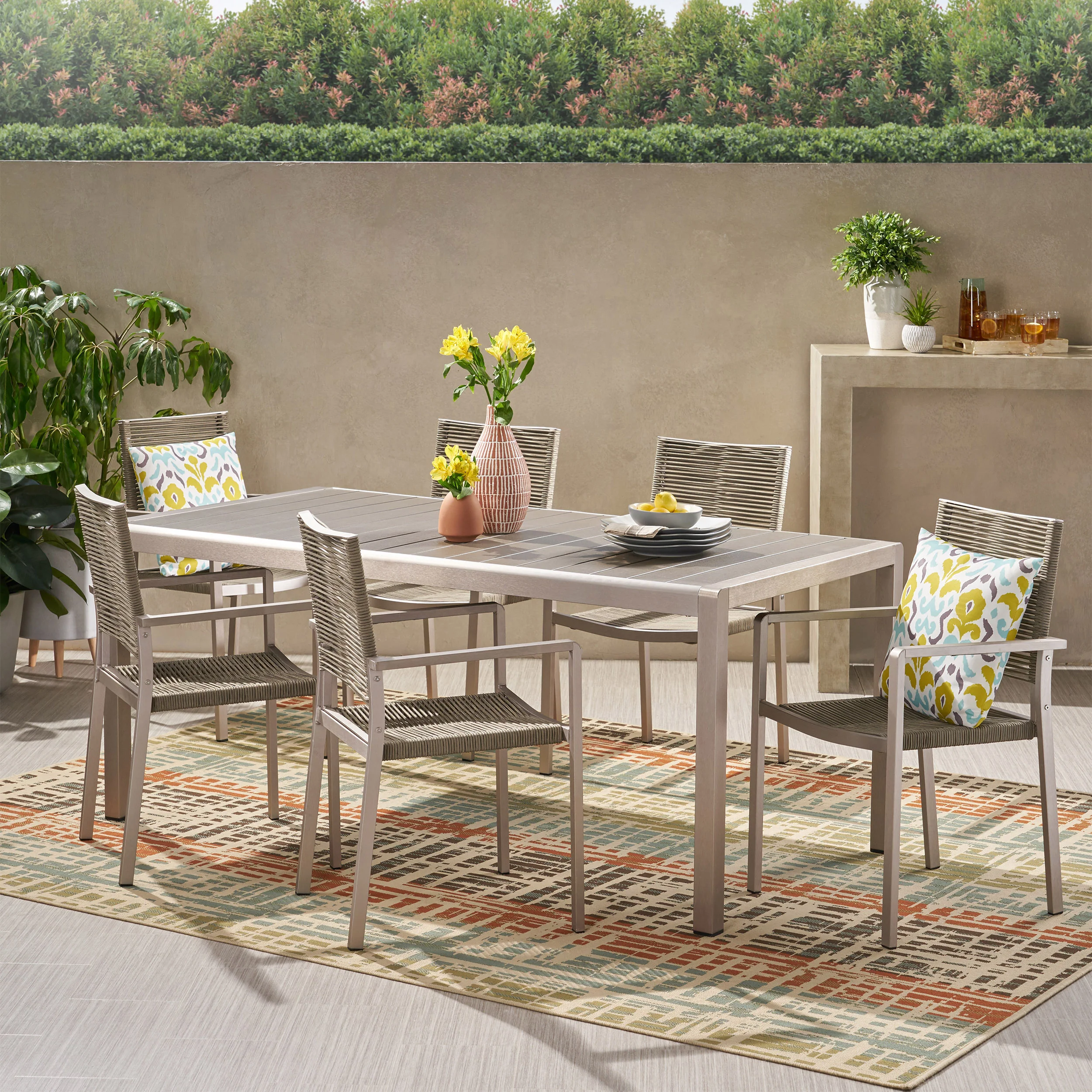 Makyla Outdoor Modern 6 Seater Aluminum Dining Set with Faux Wood Table Top - furnishings