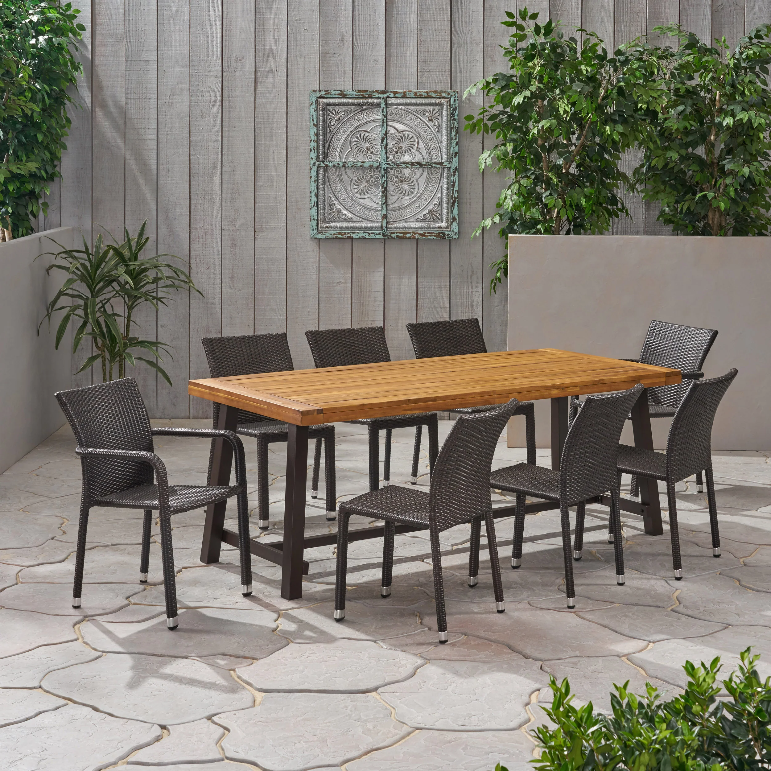 Deacon Outdoor Wood and Wicker 8 Seater Dining Set - furnishings