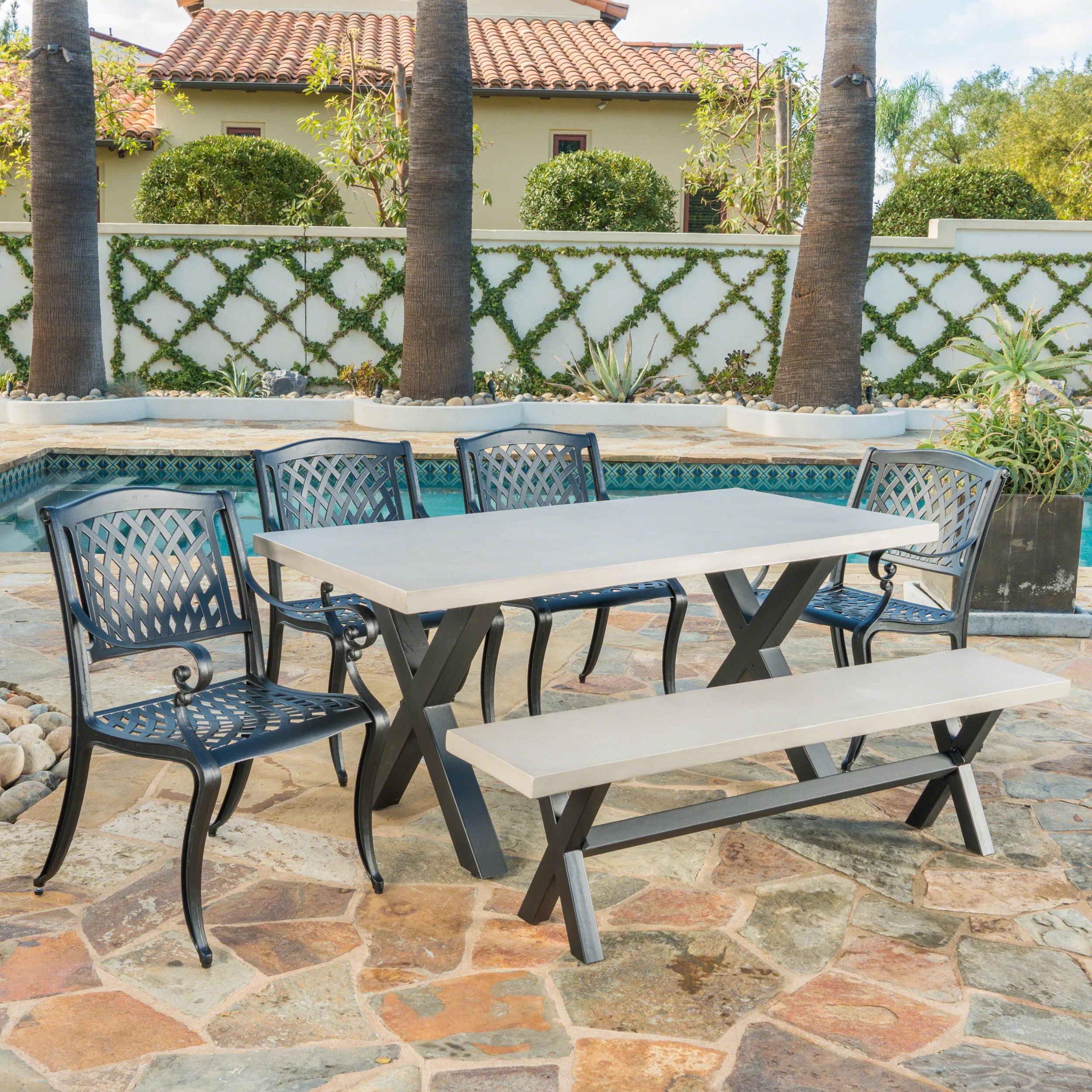 Leala Outdoor 6 Seater Dining Set With Bench - furnishings
