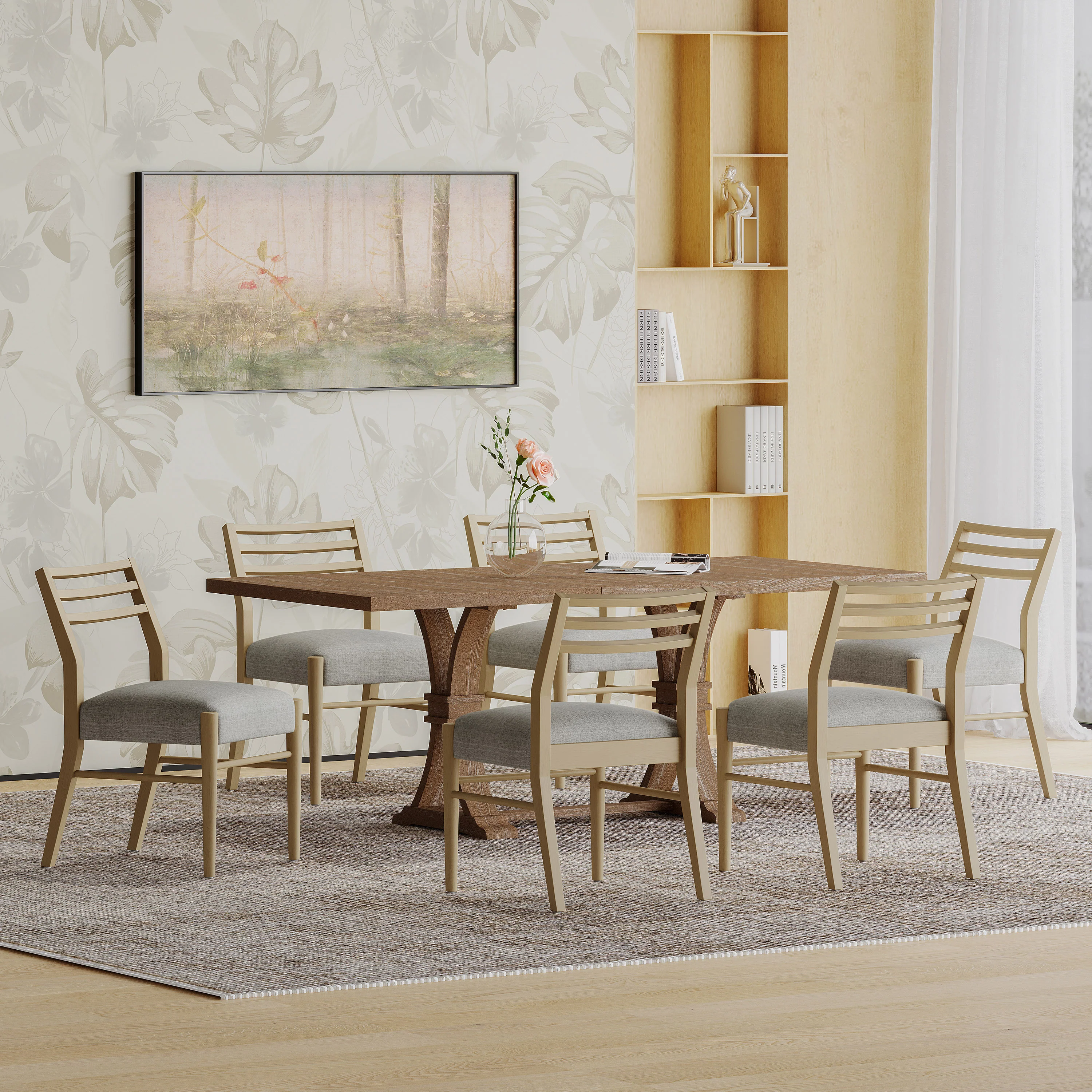 Berrett Farmhouse Fabric Upholstered Wood Expandable 7 Piece Dining Set - furnishings