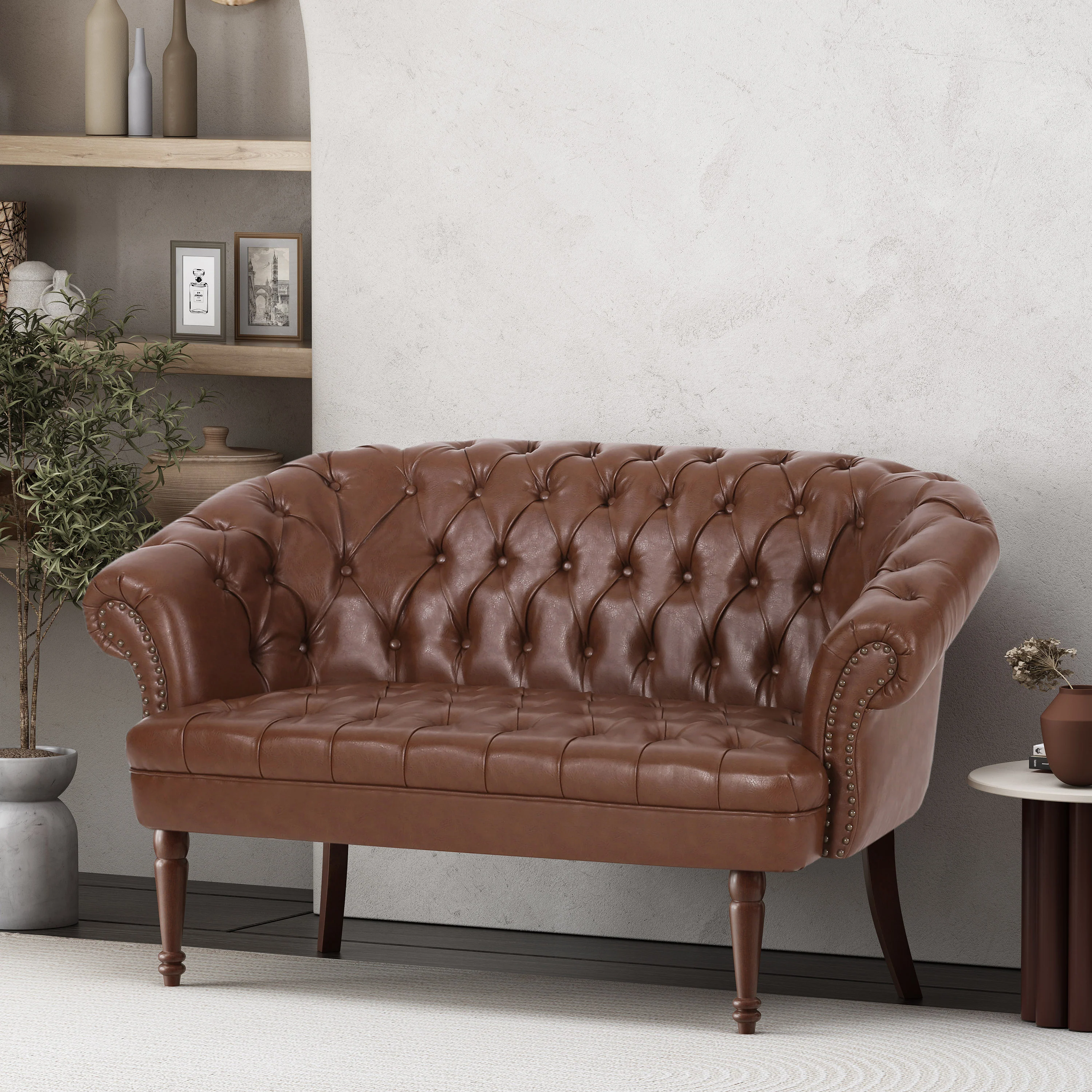 Trask Contemporary Leather Tufted Loveseat with Nailhead Trim - furnishings