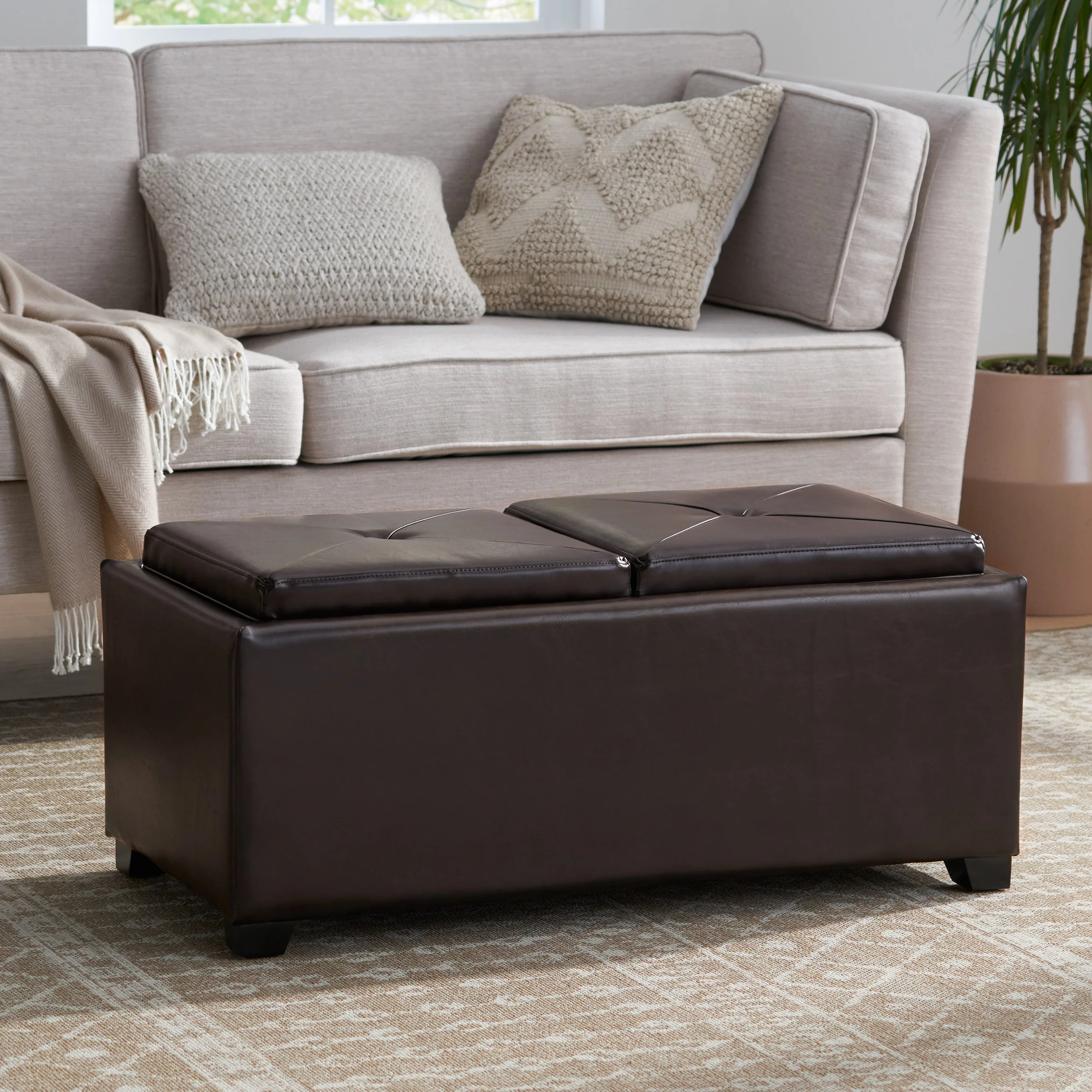 Contemporary Rectangular Storage Ottoman Leather 2-Tray-Top Coffee Table - furnishings