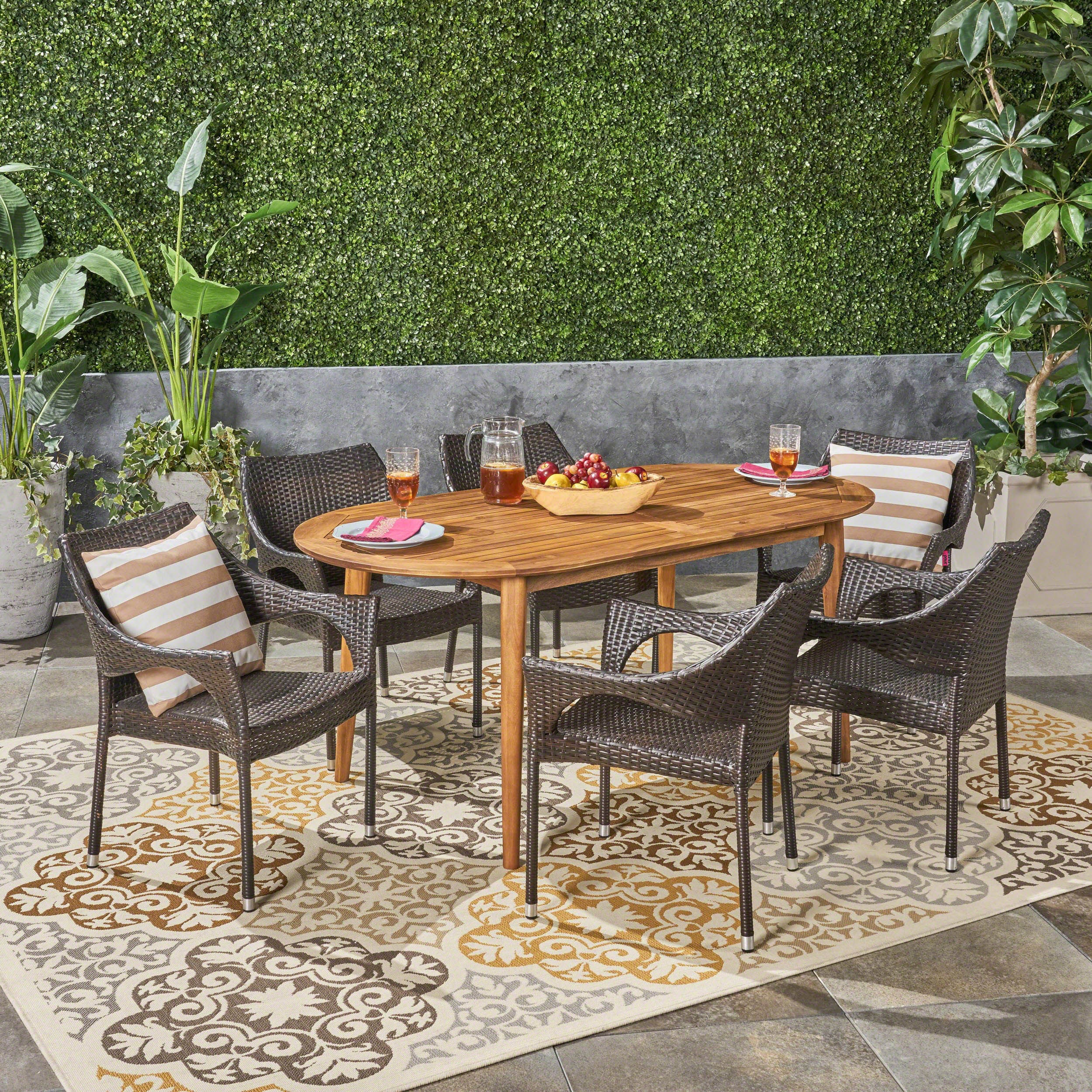 Fox Outdoor 7 Piece Acacia Wood Dining Set with Stacking Wicker Chairs - furnishings