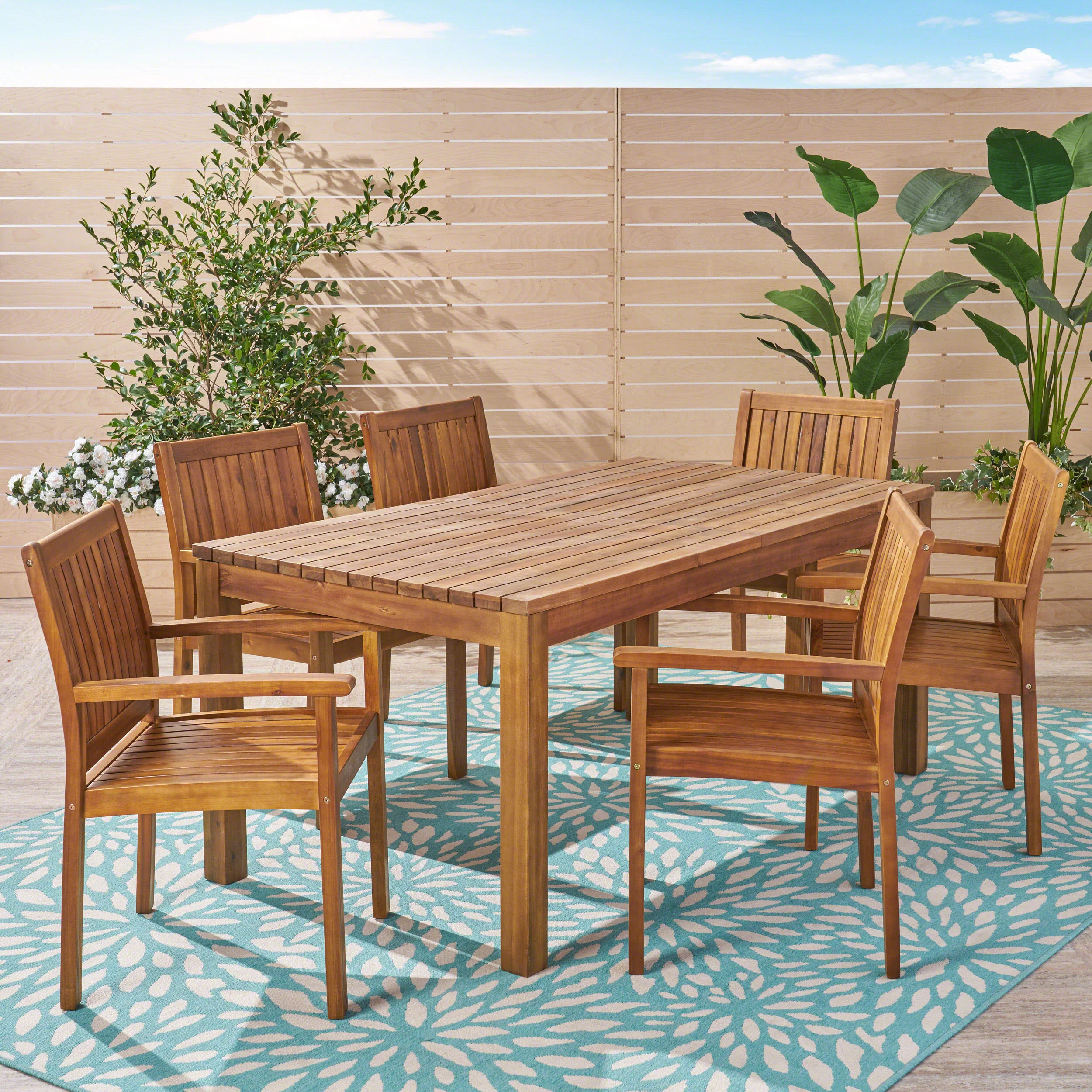 Will Outdoor 7 Piece Acacia Dining Set, Teak Finish - furnishings