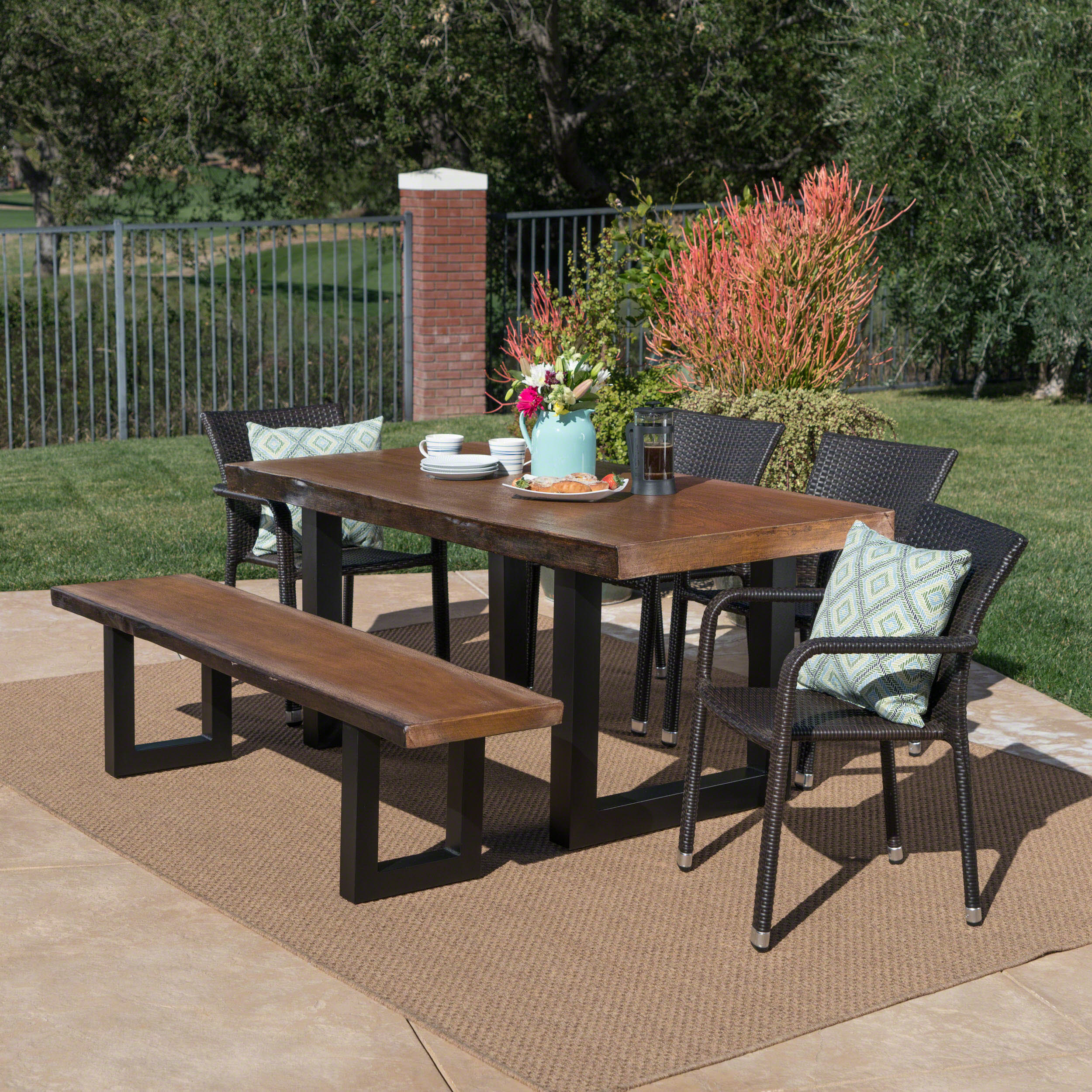 Zendaya Outdoor 6 Piece Wicker Dining Set with Light Weight Concrete Table and Bench - furnishings