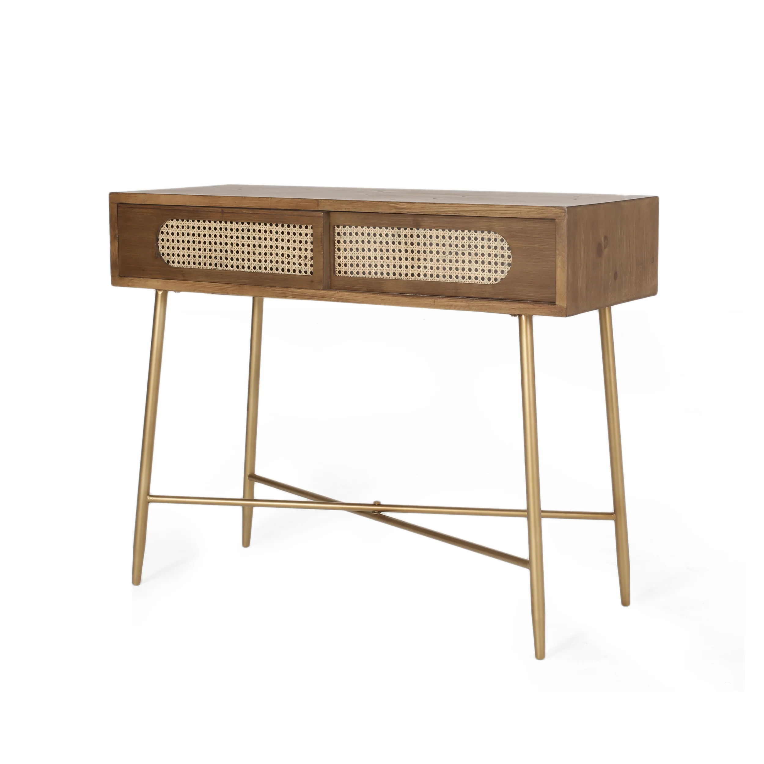 Alzada Rustic Glam Console Table with Wicker Accents, Walnut, Natural, and Antique Gold - furnishings