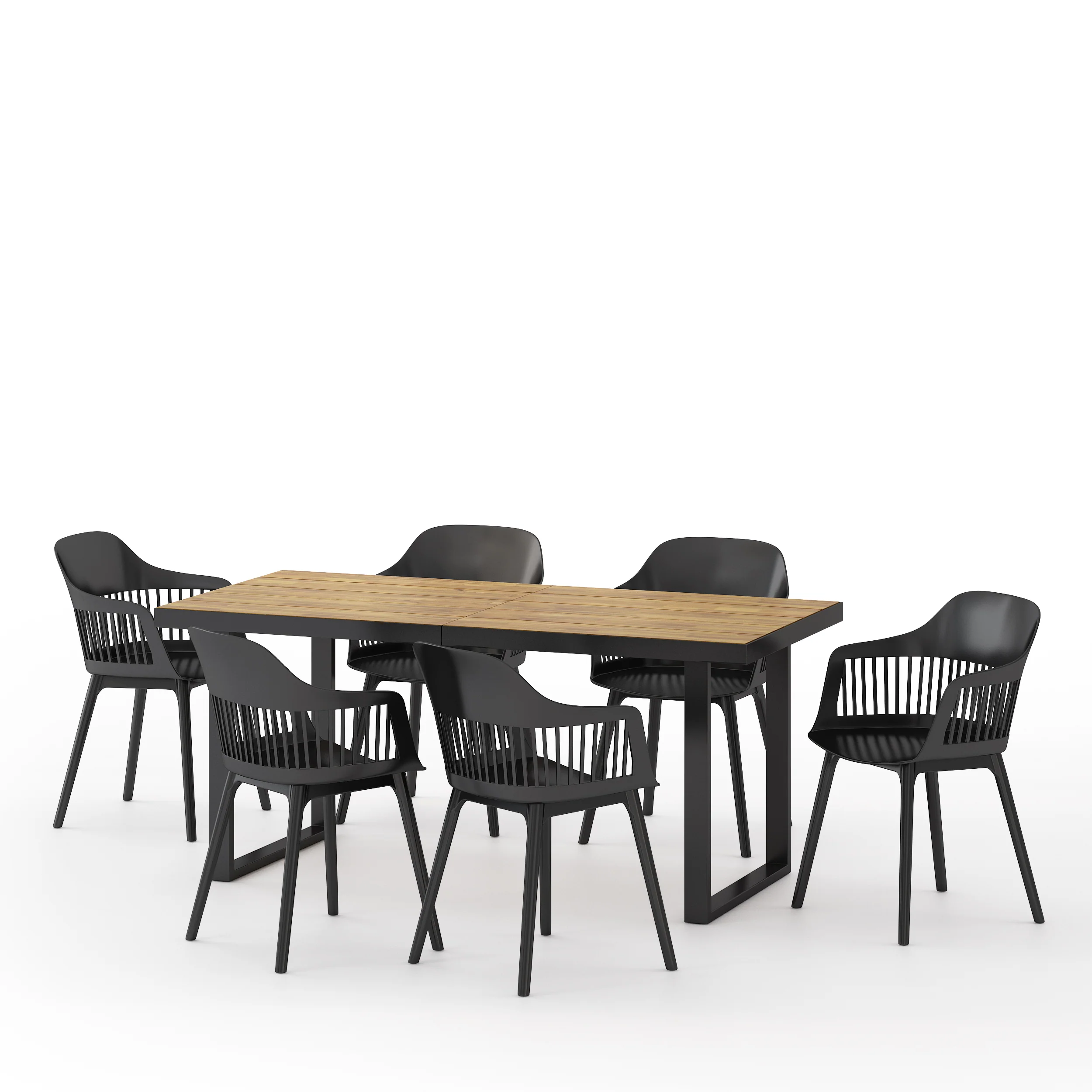 Flora Outdoor Wood and Resin 7 Piece Dining Set, Black and Teak - furnishings
