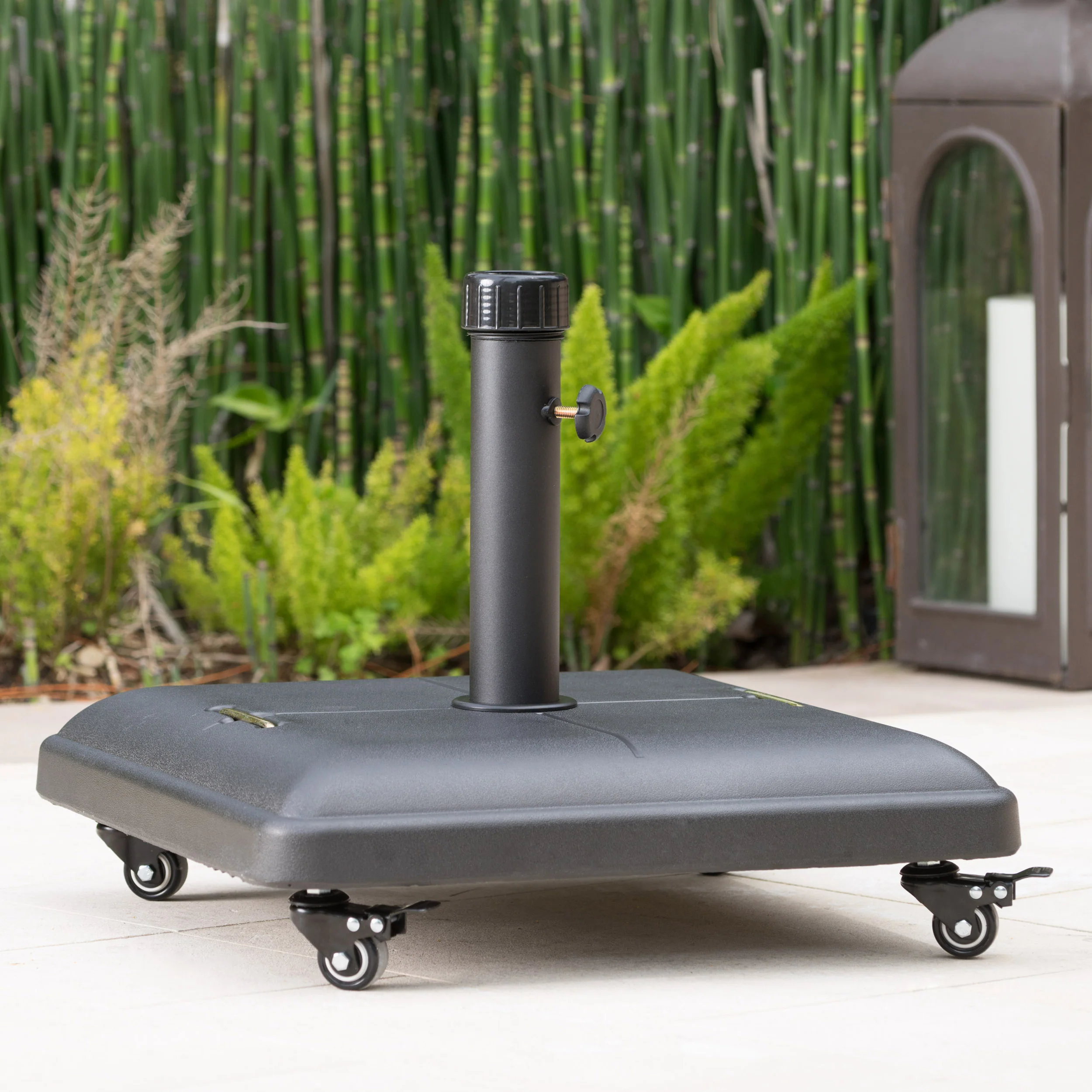 Hercules 80lbs Black Steel Square Umbrella Base with Wheels - furnishings