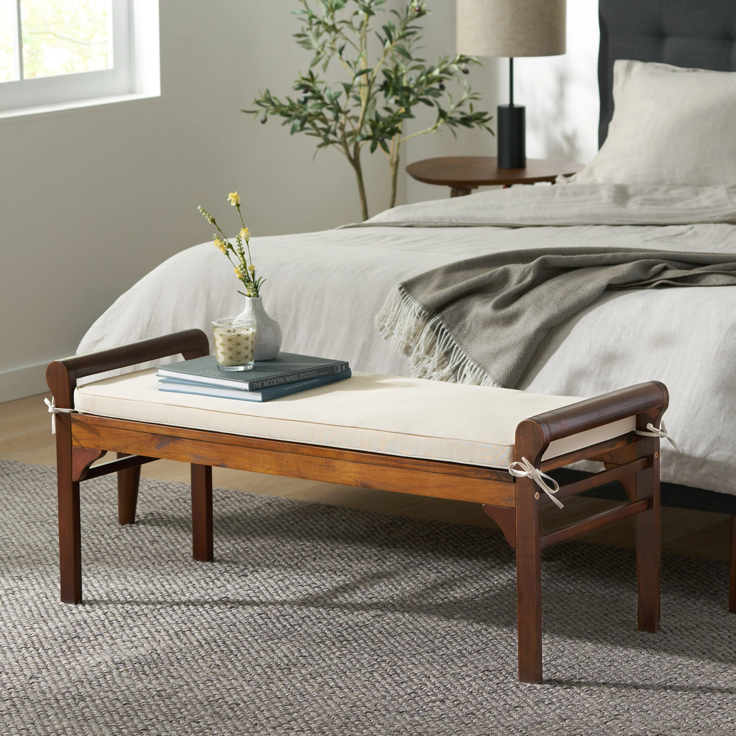 Dixon Rustic Acacia Wood Bench with Cushion - furnishings