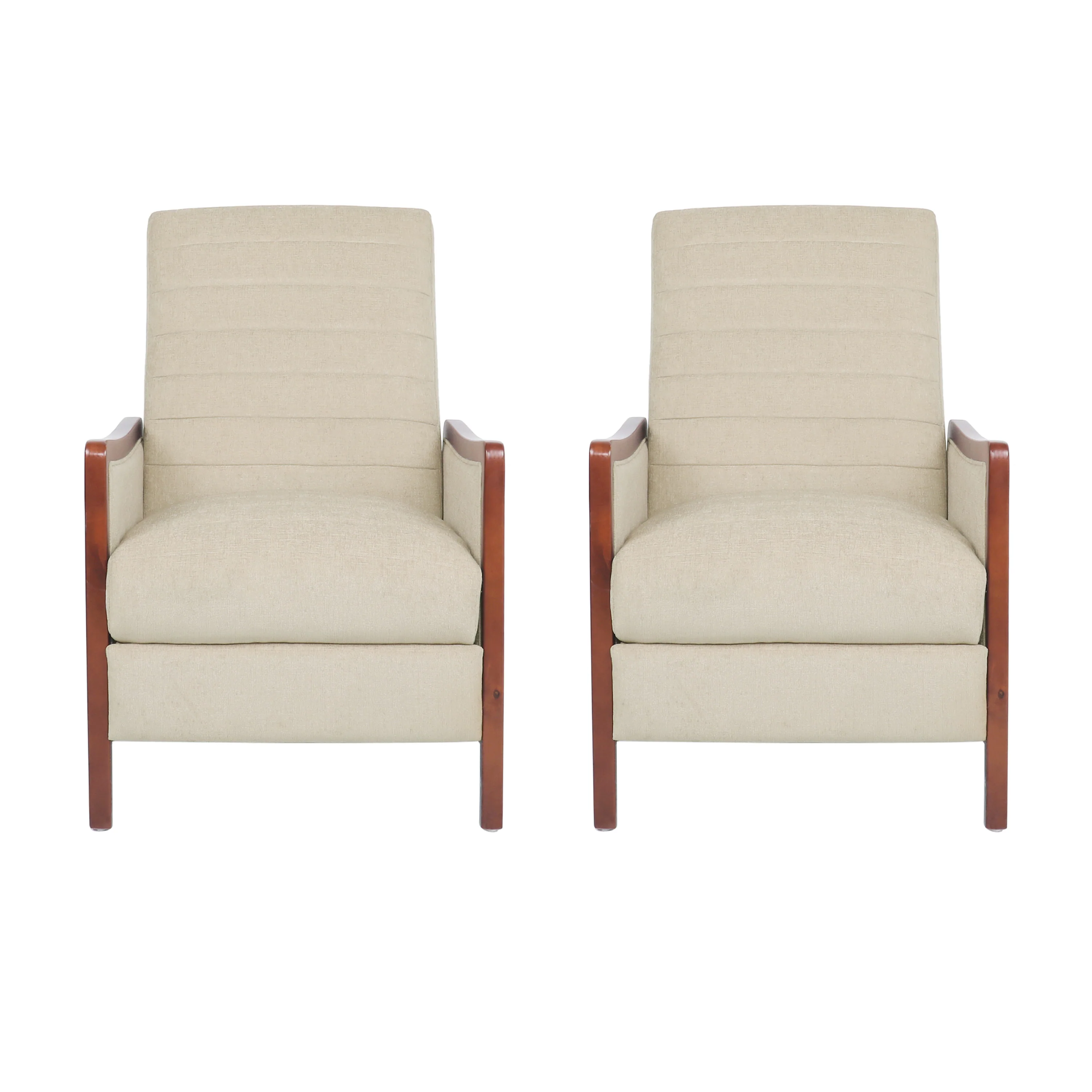 Mendota Mid Century Modern Fabric Channel Stitch Wood Pushback Recliners, Set of 2 - furnishings