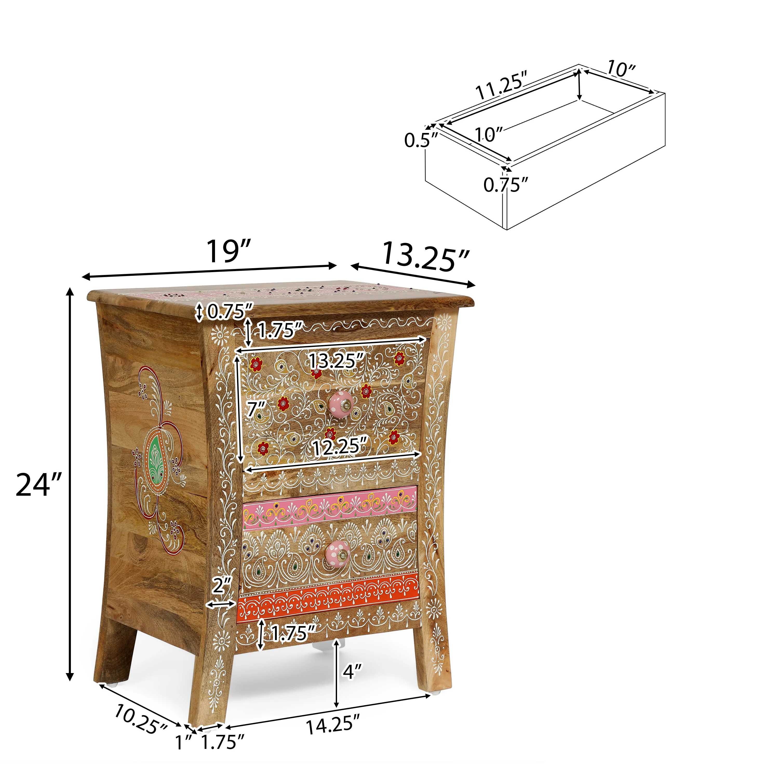 Ingersol Handcrafted Boho 2 Drawer Mango Wood Nightstand - furnishings