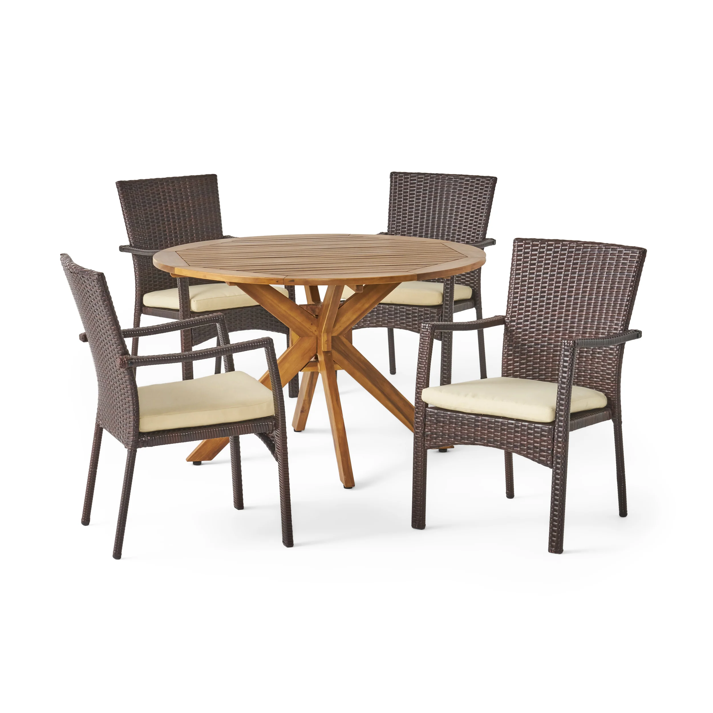 Joshua Outdoor 5 Piece Brown Wicker Dining Set with Teak Finish Acacia Wood Circular Table and Cr?§?§me Water Resistant Cushions - furnishings