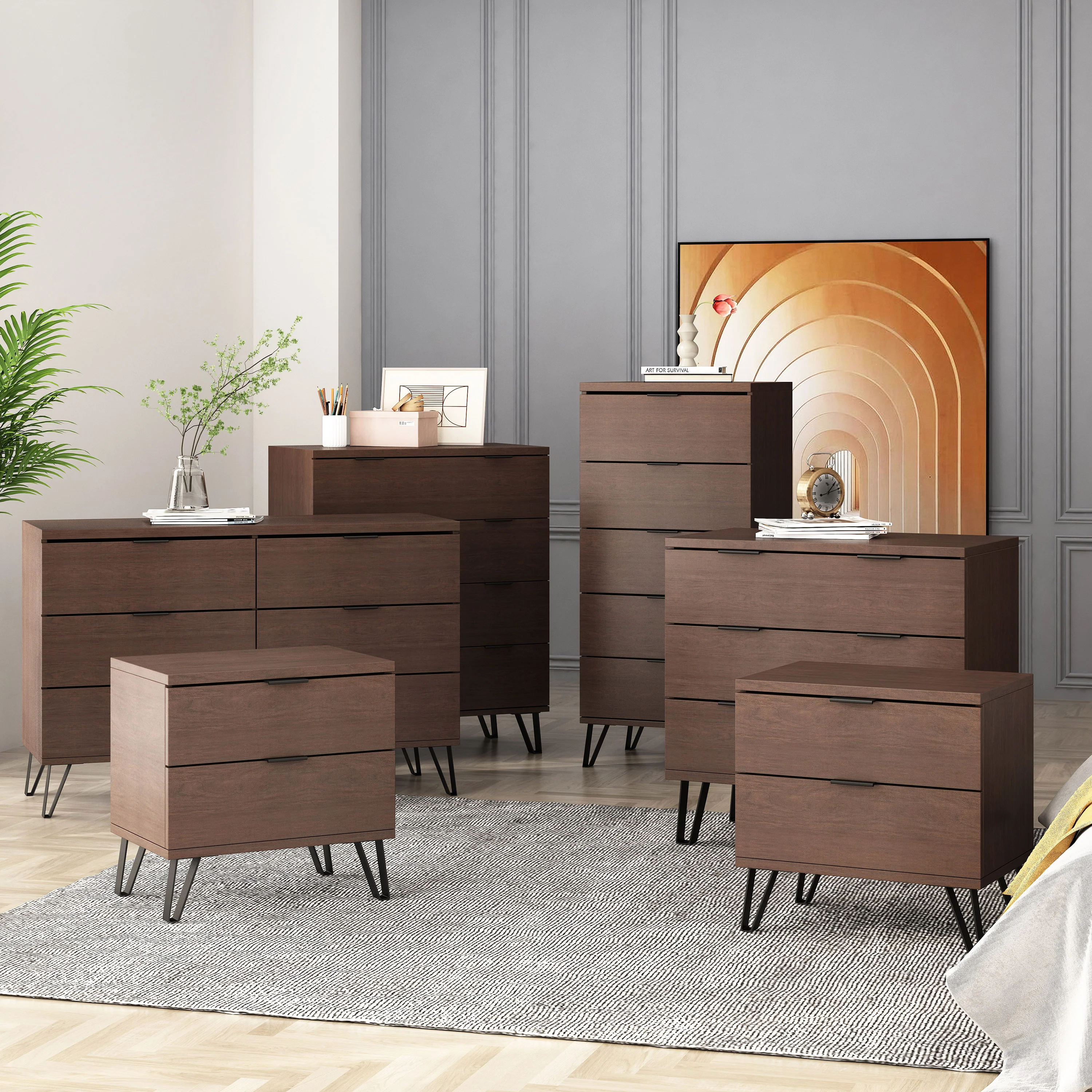 Demijen Modern Industrial 6 Piece Bedroom Set with 5 Drawer Dresser, Walnut and Matte Black - furnishings