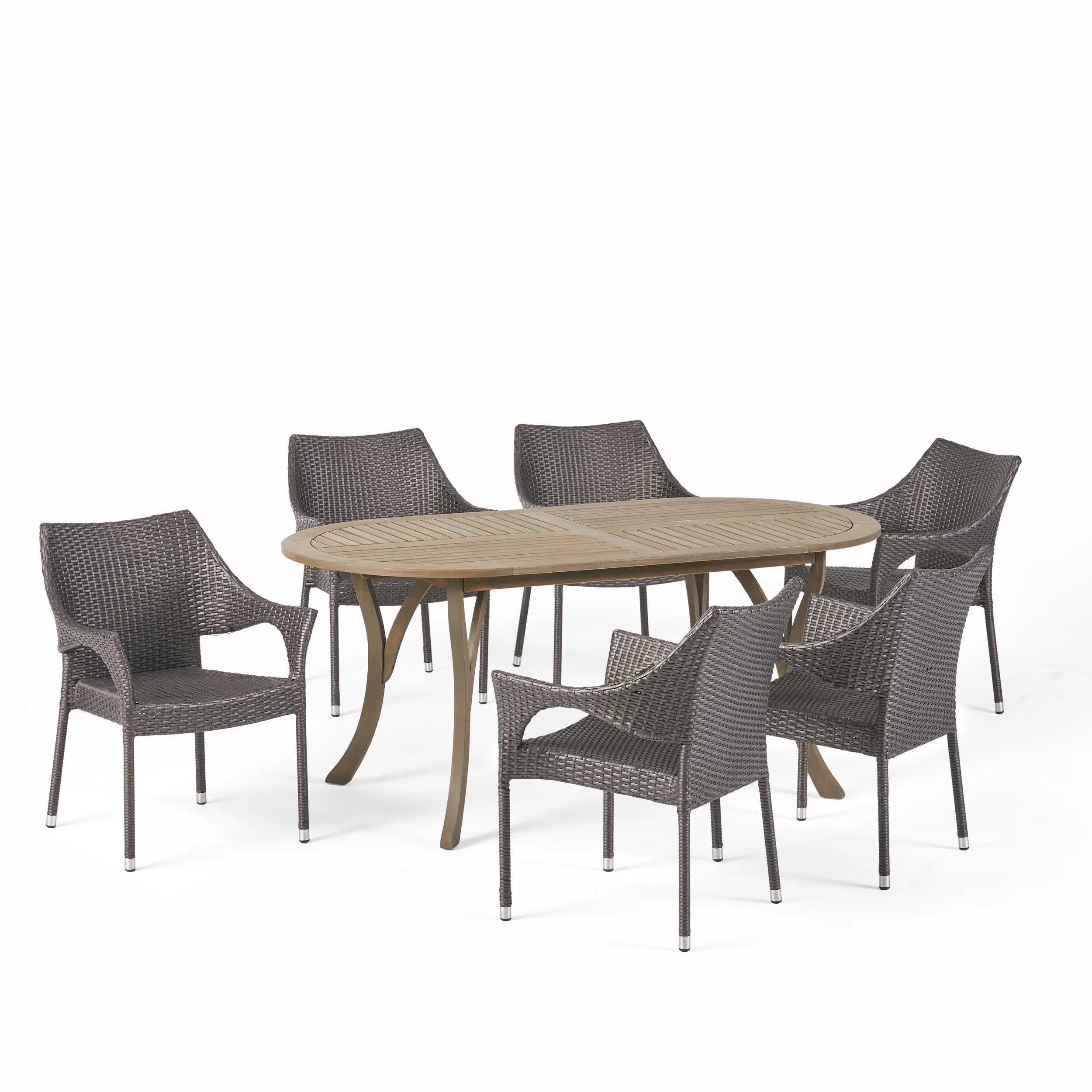 Harris Outdoor 7 Piece Wood and Wicker Dining Set, Gray Finish and Gray - furnishings