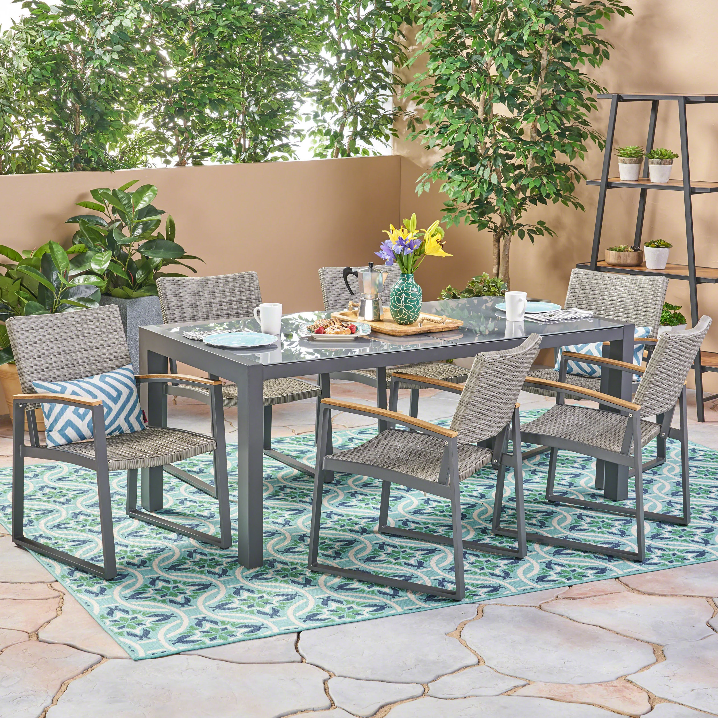 Teina Outdoor Aluminum and Wicker 7 Piece Dining Set with Glass Table Top, Gray and Gray - furnishings