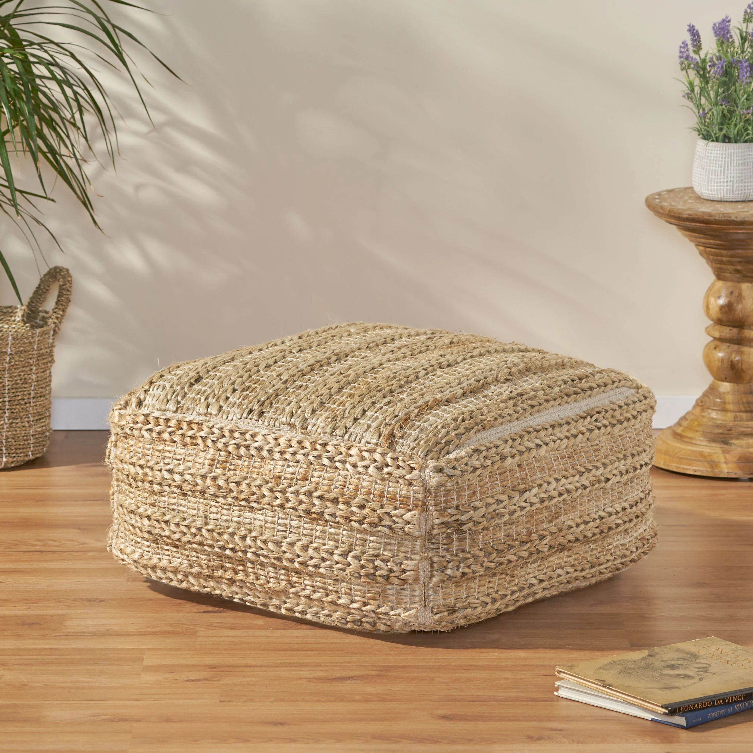 Evangelynn Boho Fabric Rattan Square Pouf - furnishings