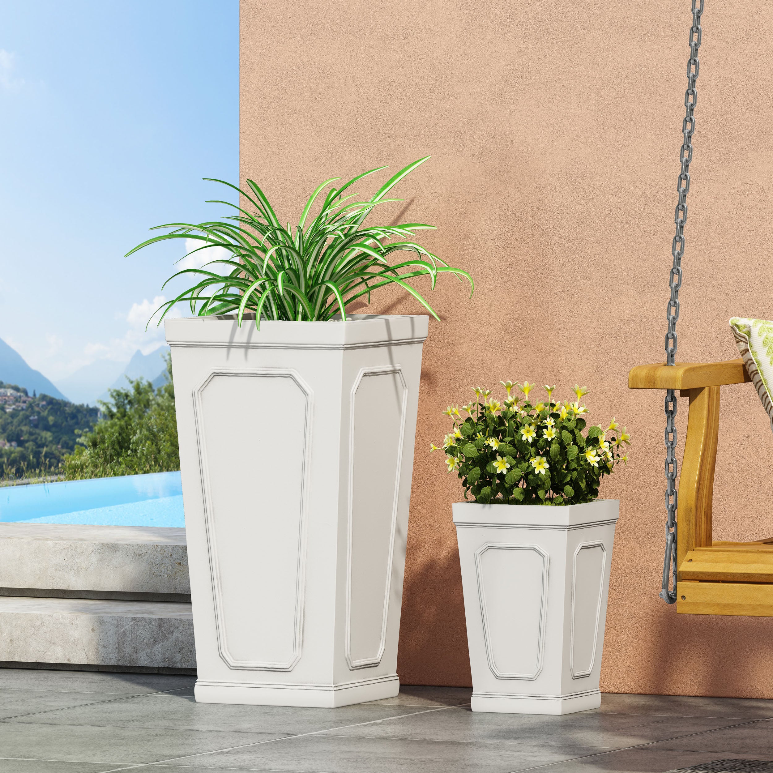 Greg Outdoor Small and Large Cast Stone Tapered Planter Set, Antique White - furnishings