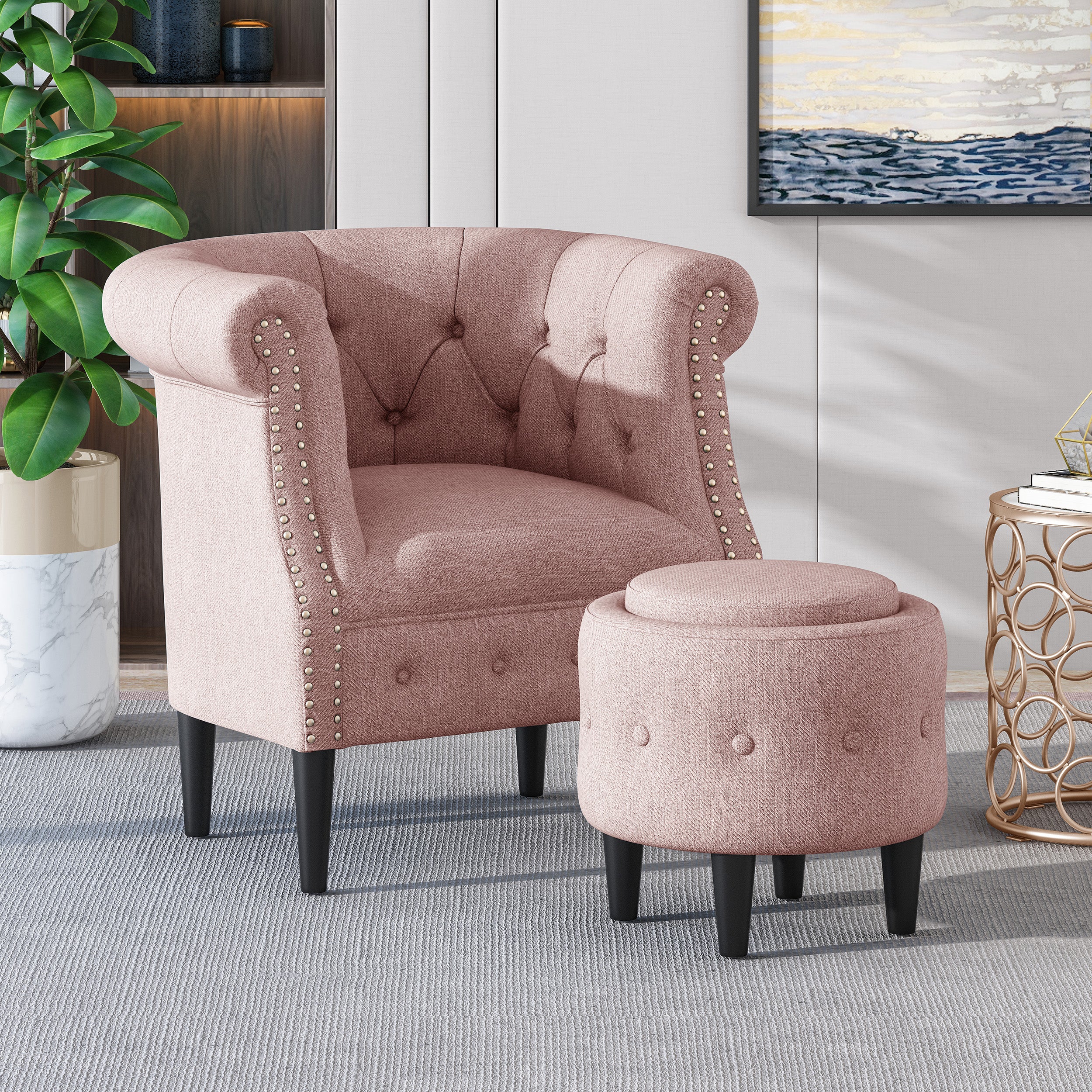 Atticus Chesterfield Style Tufted Fabric Accent Chair and Ottoman Set - furnishings