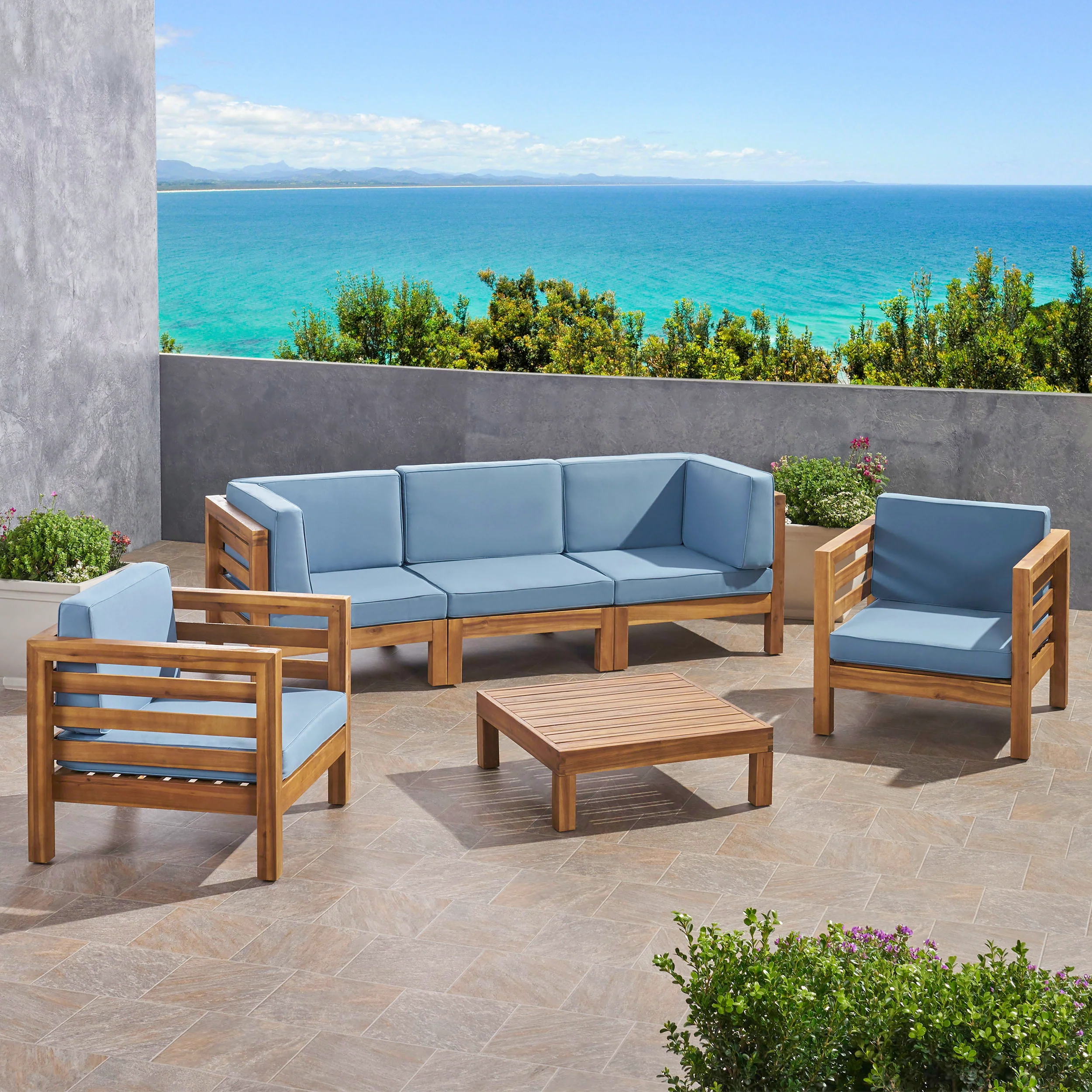 Emma Outdoor 5 Seater Acacia Wood Sofa Chat Set - furnishings