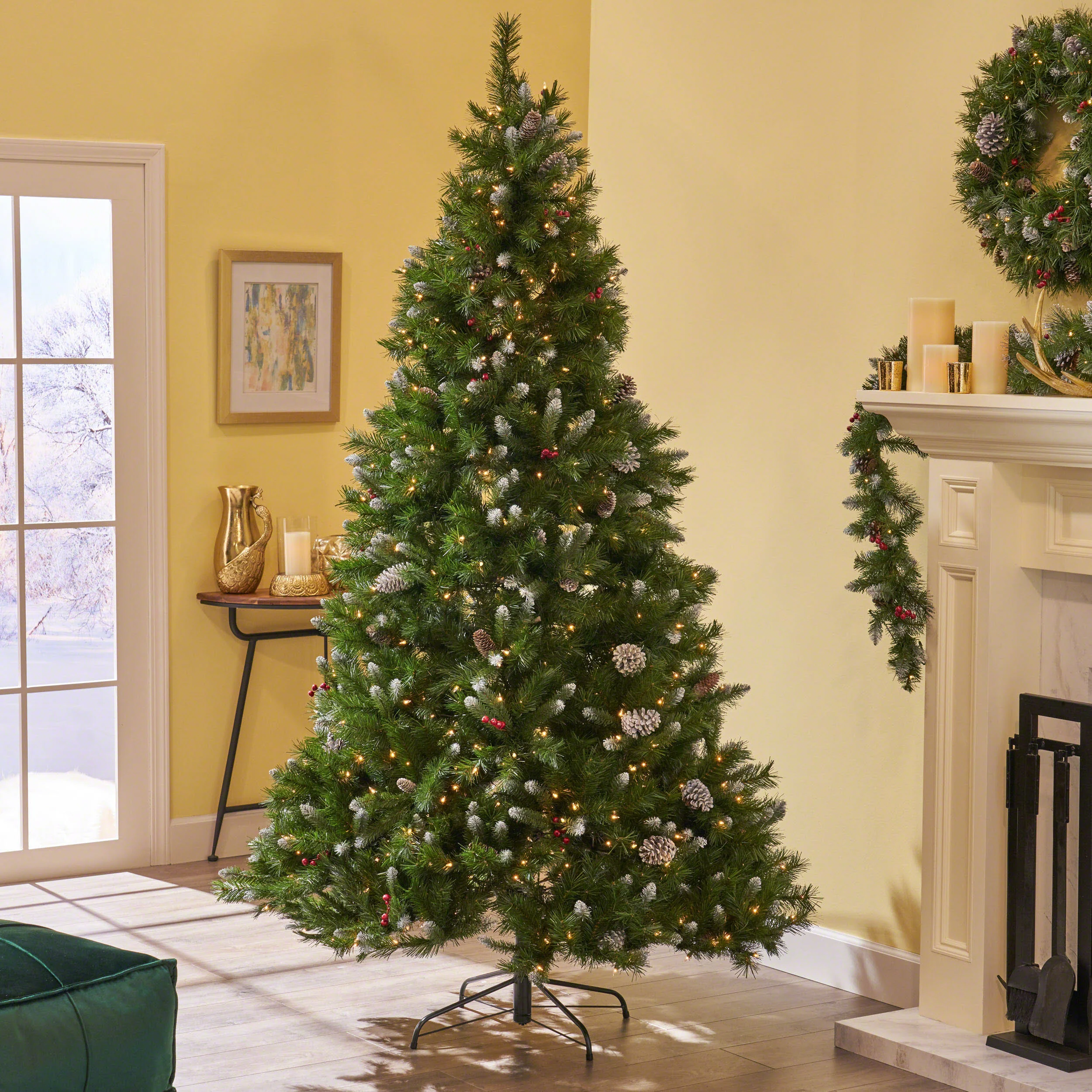 7-foot Mixed Spruce Hinged Artificial Christmas Tree with Frosted Branches, Red Berries, and Frosted Pinecones - furnishings