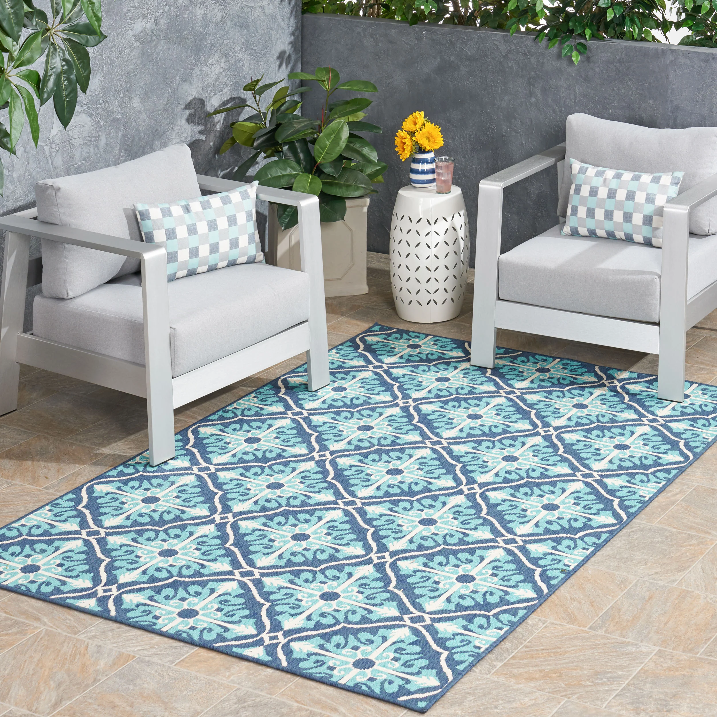 Jamia Outdoor Trellis Area Rug, Navy and Blue - furnishings