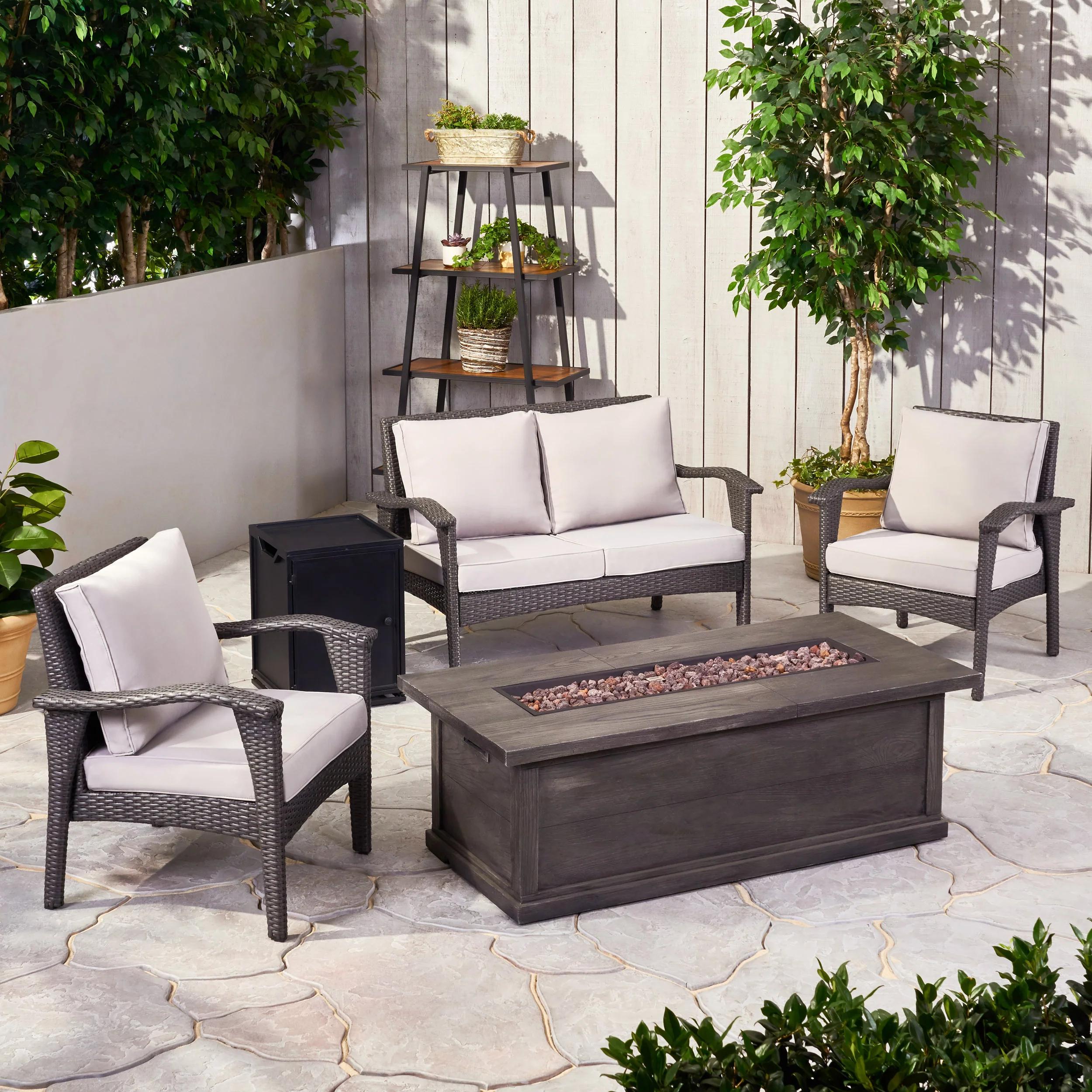 Voyage Outdoor 4 Seater Wicker Chat Set with Fire Pit - furnishings
