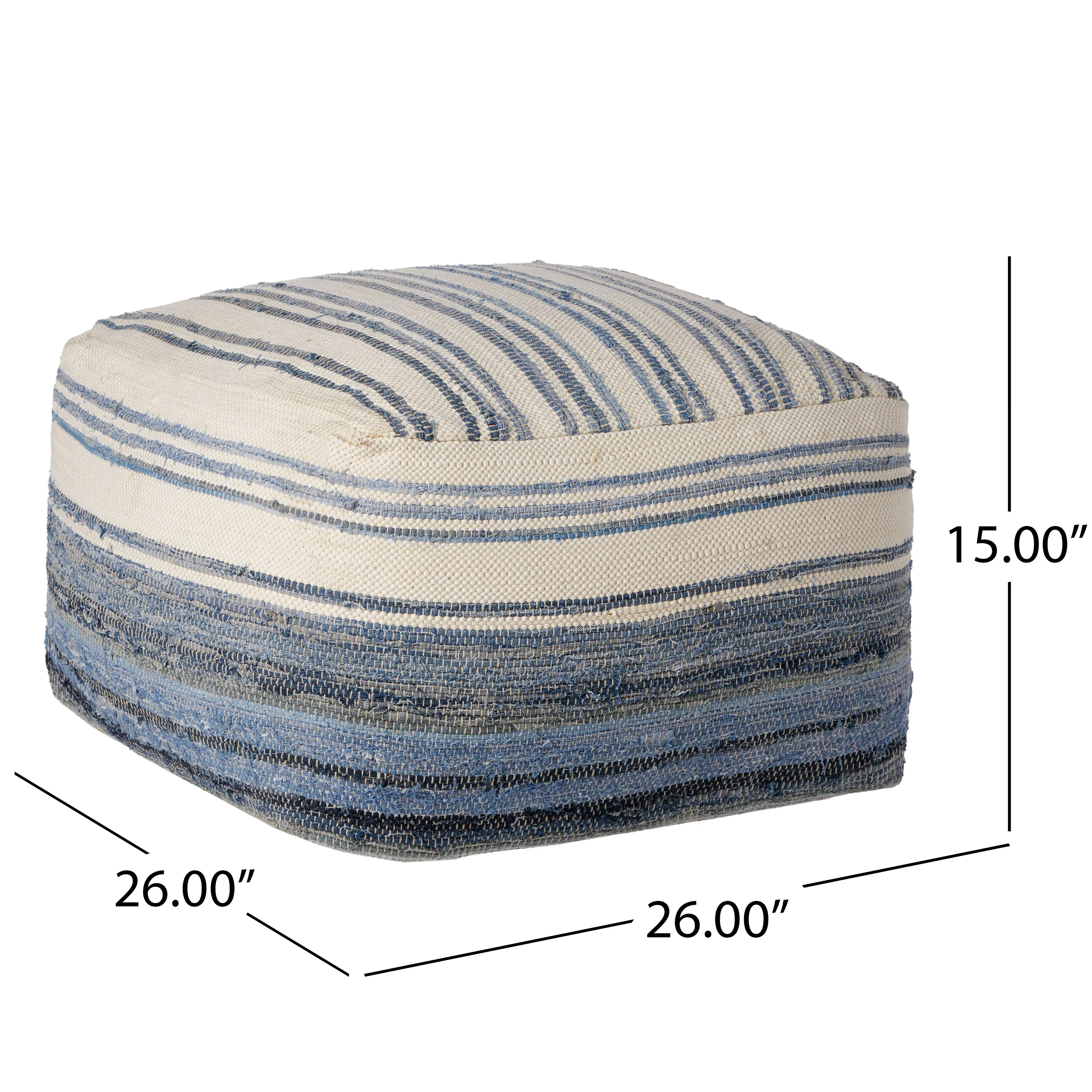 Althea Large Square Casual Pouf, Boho, Blue and White Recycled Denim and Chindi - furnishings