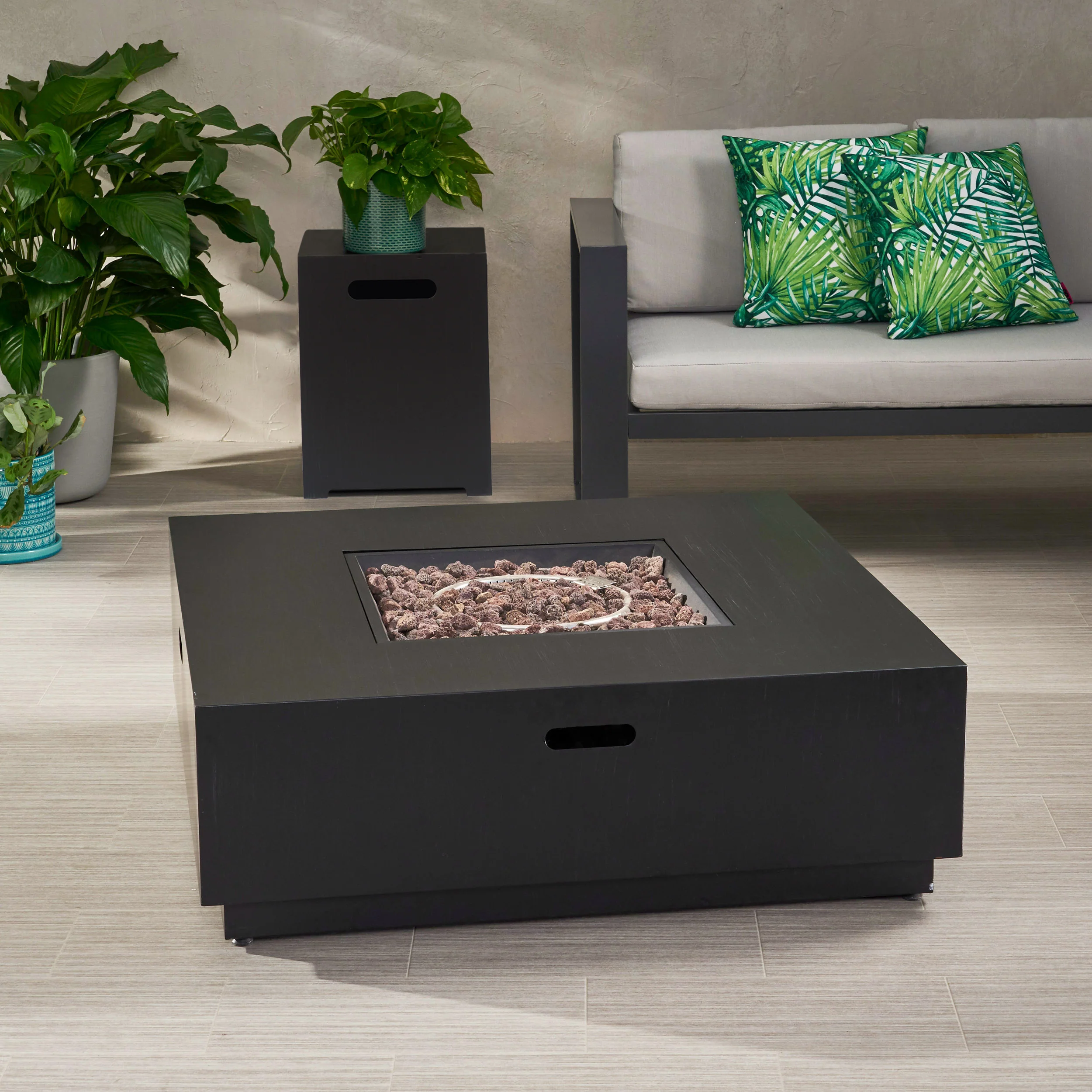 Jasmine Outdoor Dark Gray Finish Iron 40 Inch Square Fire Pit - 50,000 BTU - furnishings