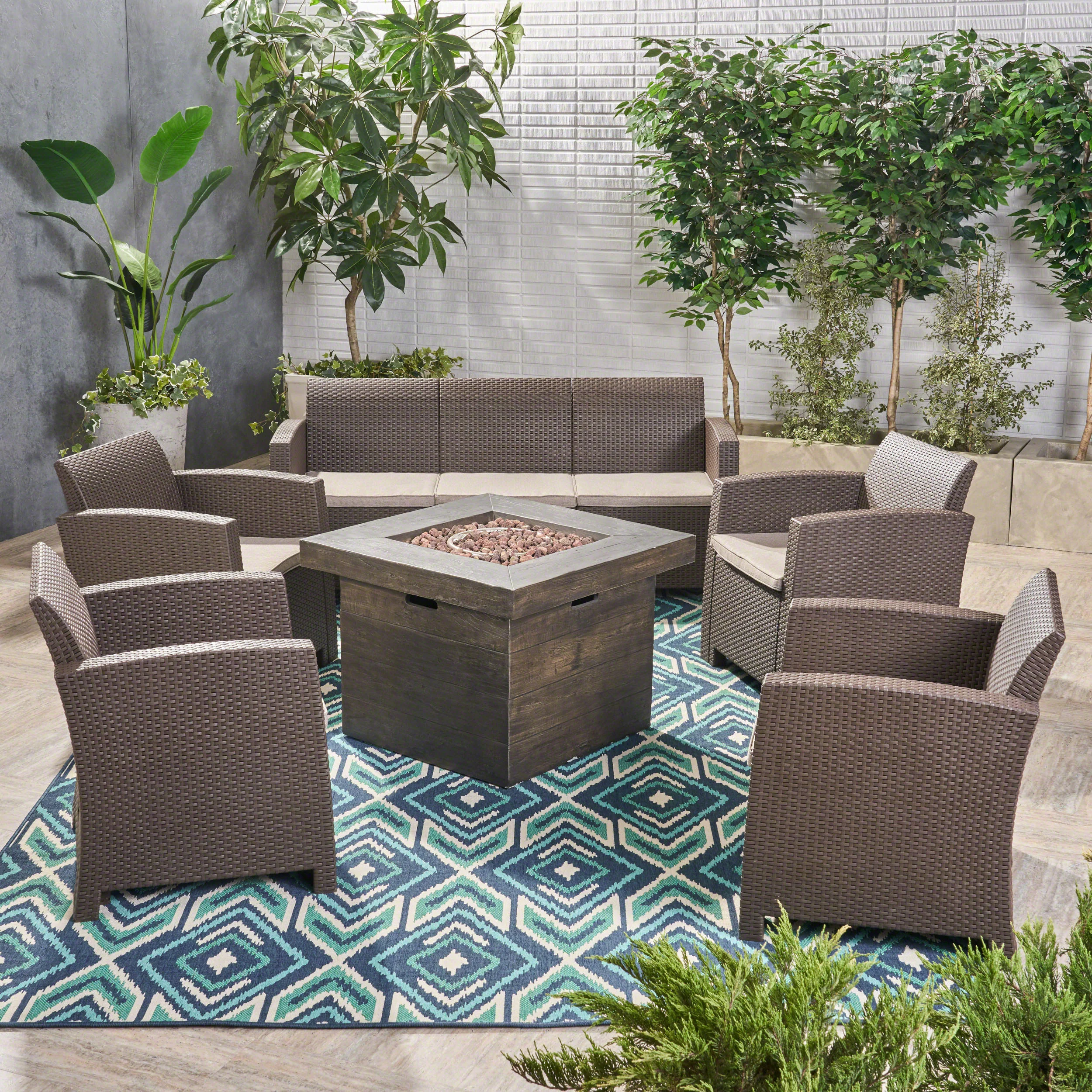 Peter Outdoor 7-Seater Chat Set with Fire Pit - furnishings